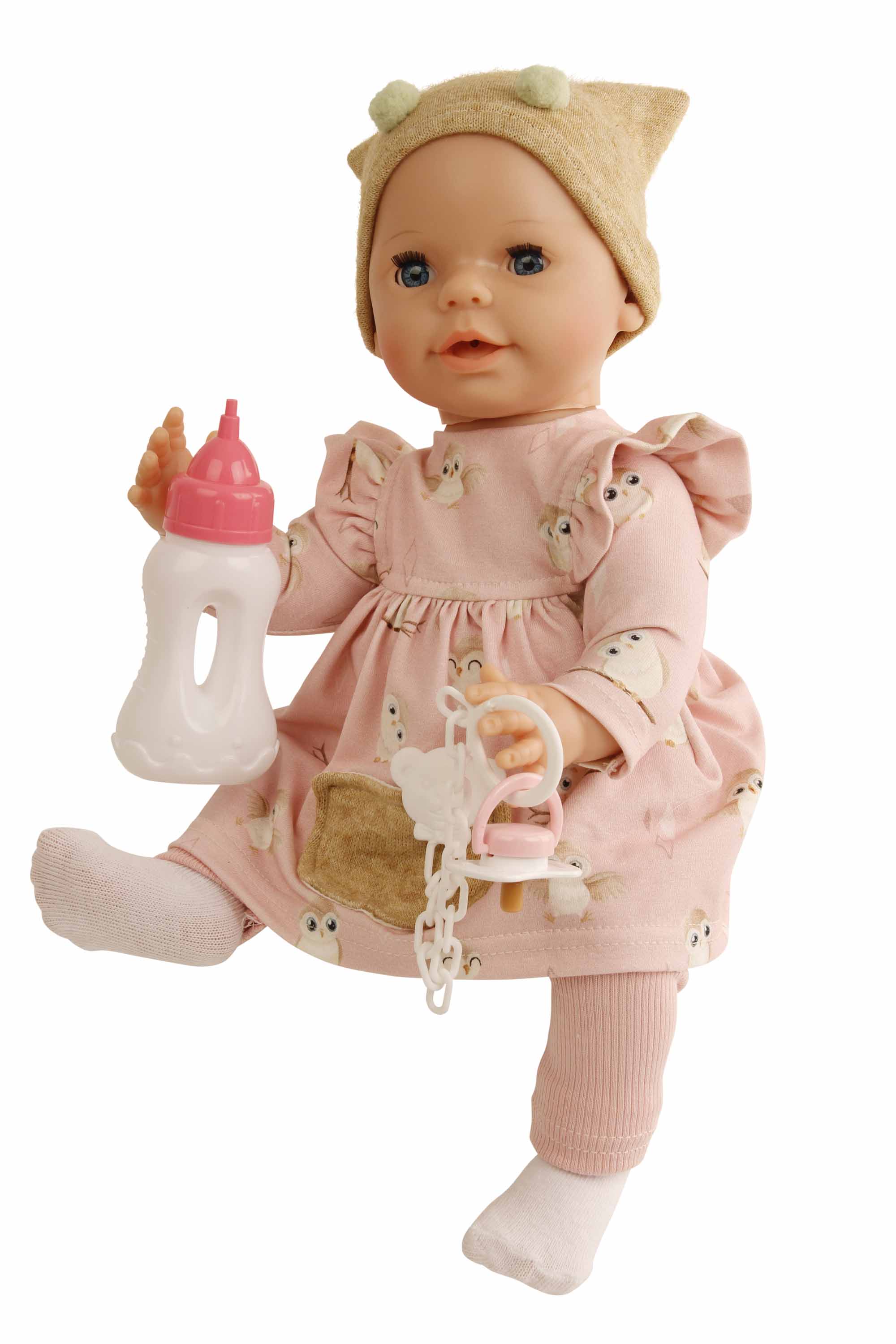 Trink + Näßbaby "Lina" 40 cm mit Malhaar und blauen Schlafaugen, rosa Kleidung mit Eulendruck