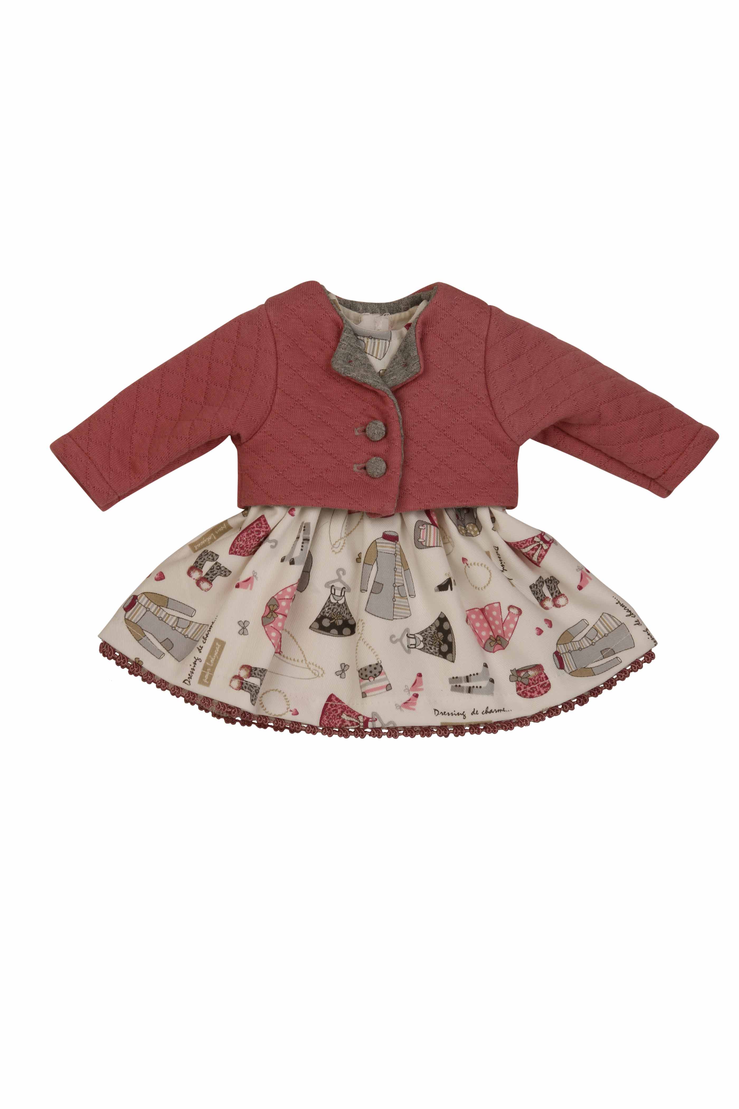 0025278 Kleid für Stehpuppe 25 bis 70 cm, rot/weiss/grau