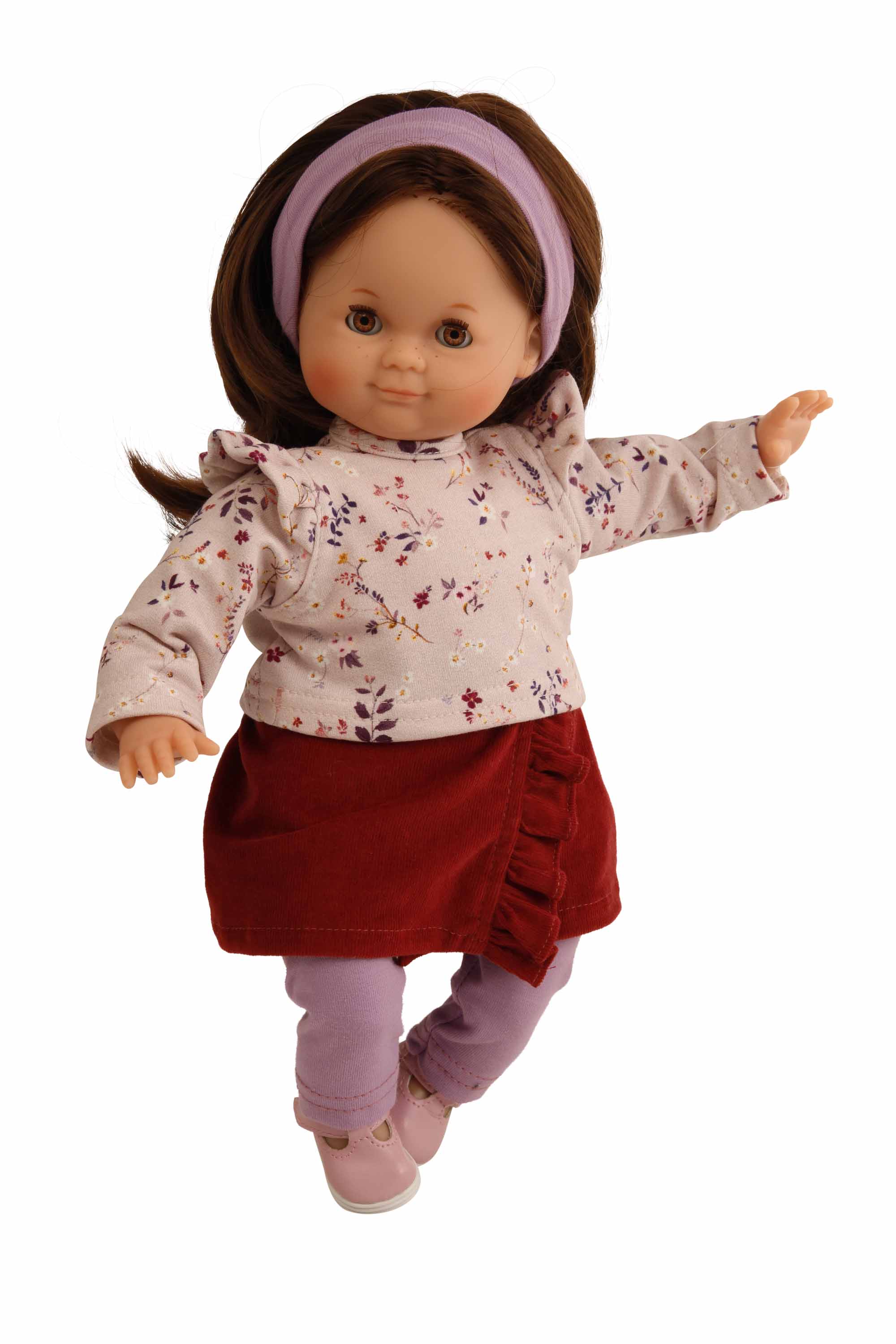 Puppe Schlummerle 32 cm braune Haare, braune Schlafaugen, Blumenkleidung lila/rot