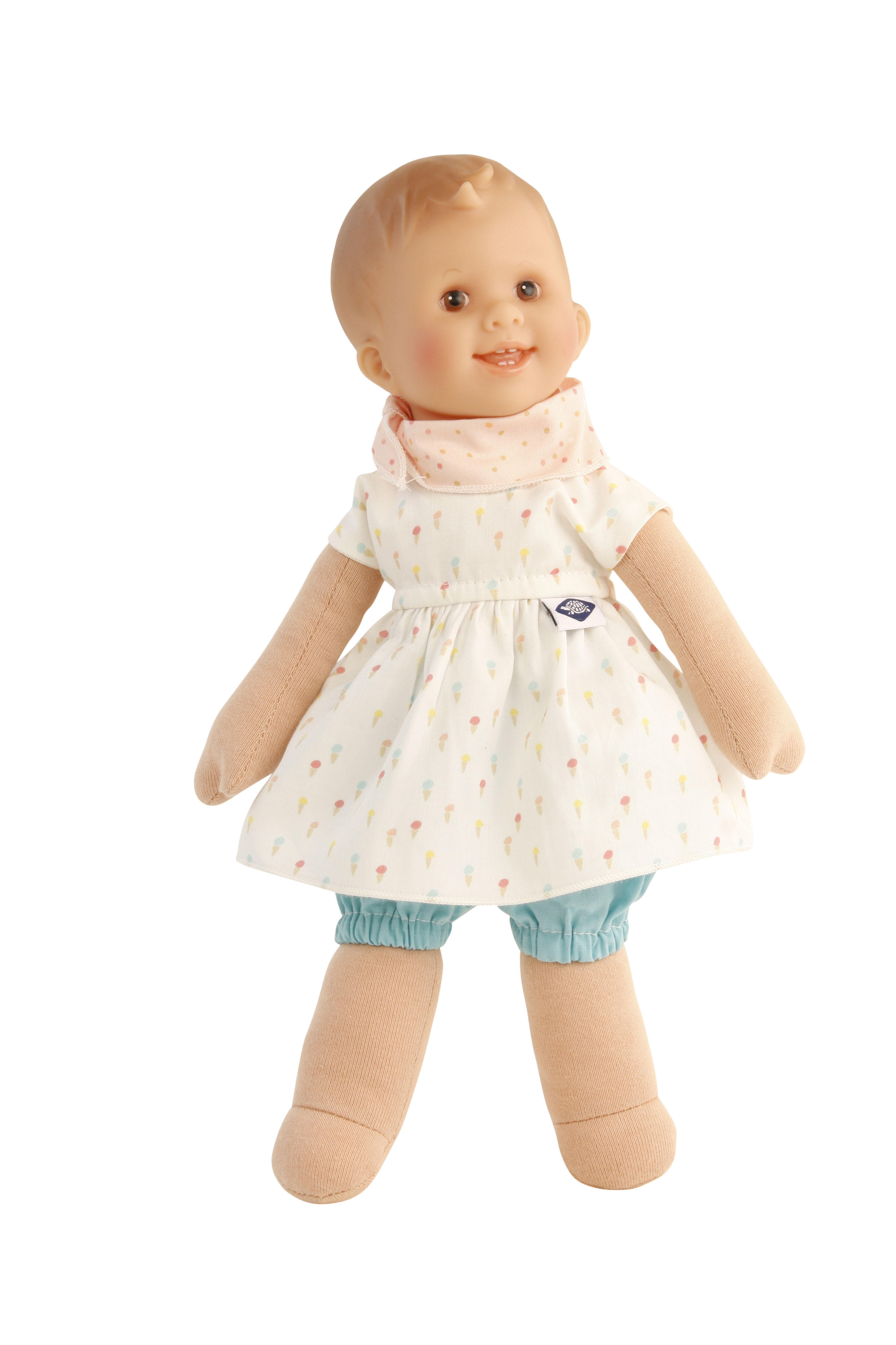 2730054 Puppe Löckchen 30 cm Malhaar, braune Malaugen, Kleidung blau/weiss/rose