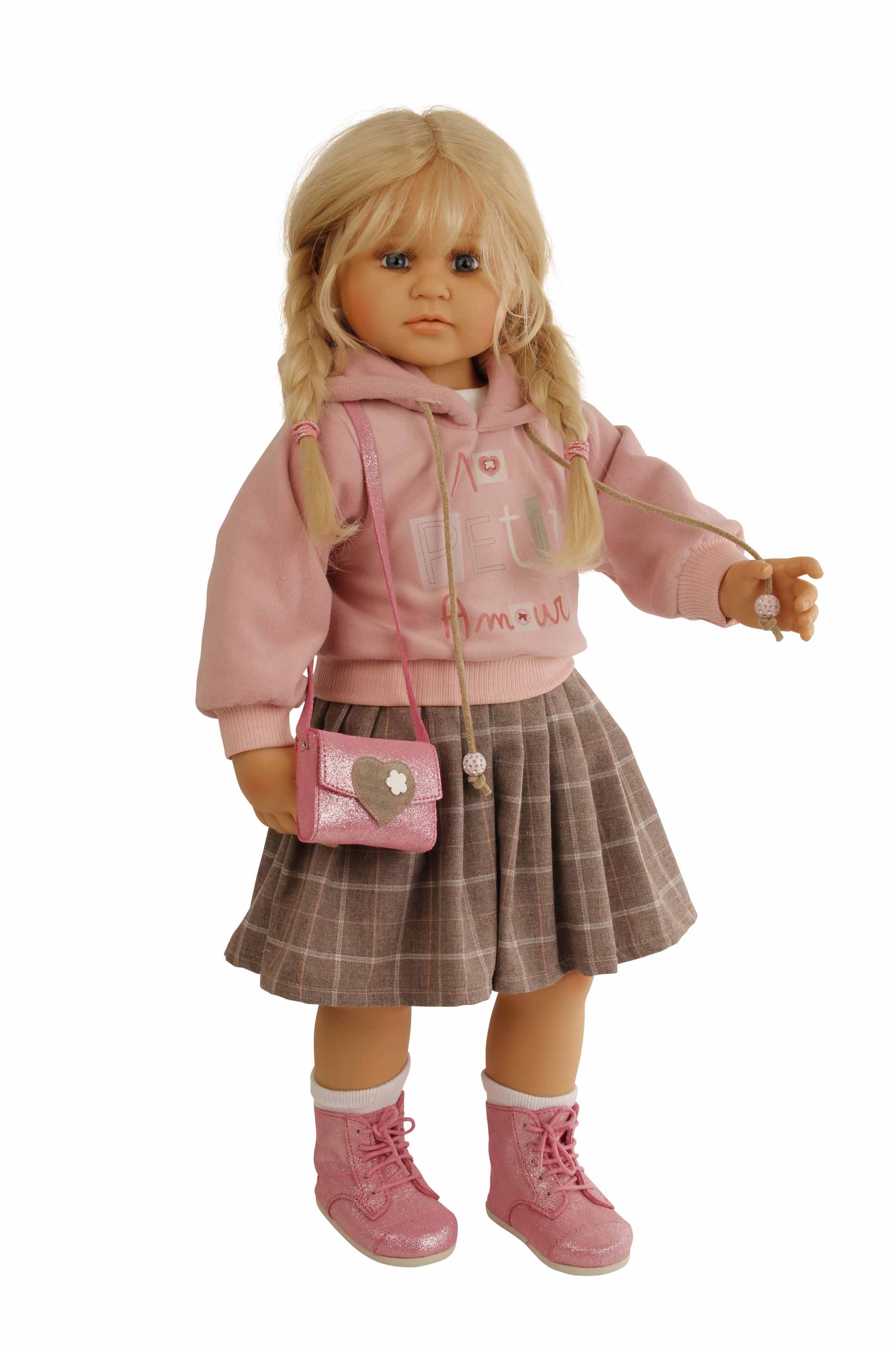 Puppe Johanna von Brigitte Paetsch 70 cm stehend, blonde Haare, Kleidung rosa/braunkariert
