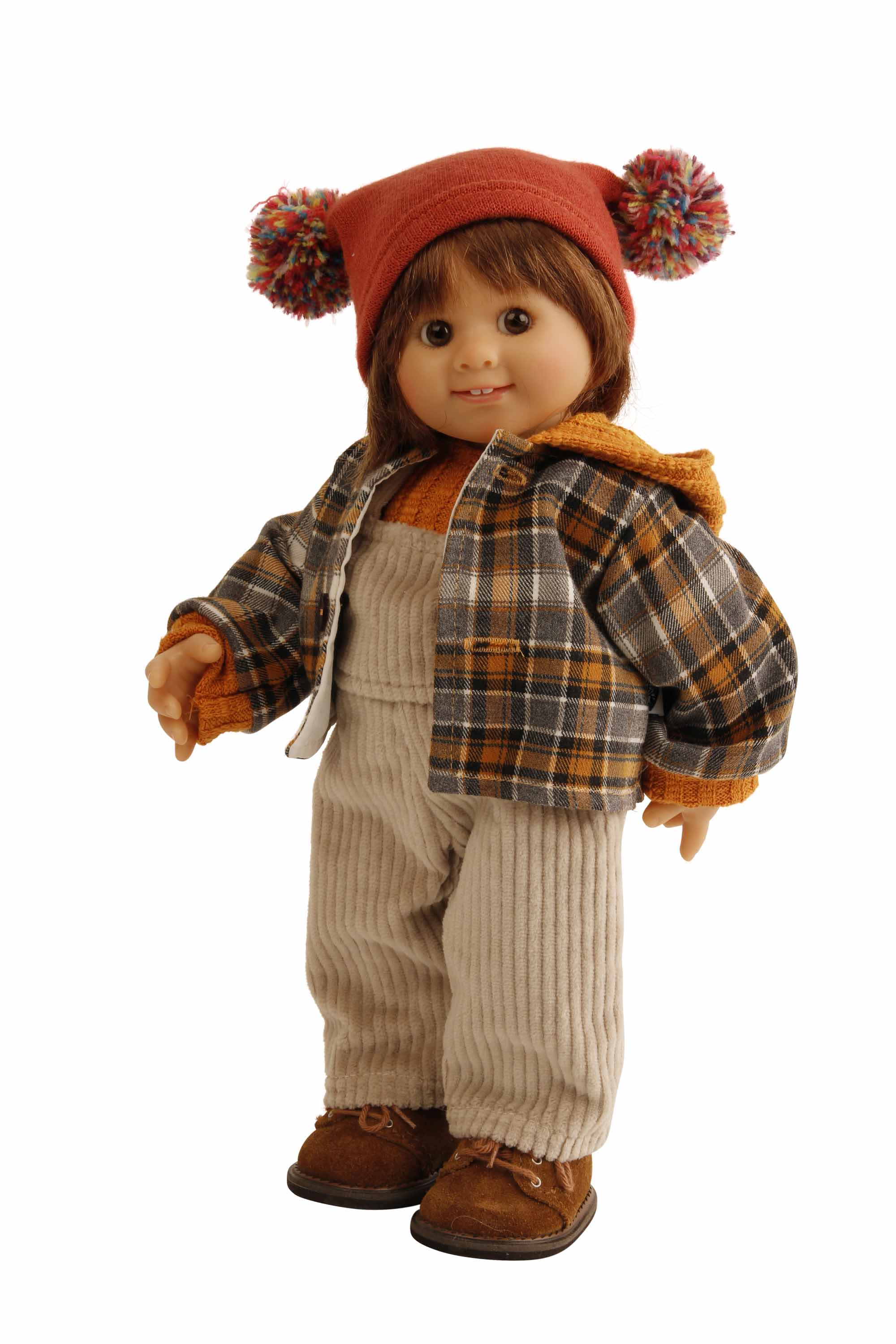 Puppe Müller-Wichtel Paul 30 cm braune Haare, Cord/Karokleidung braun/orange