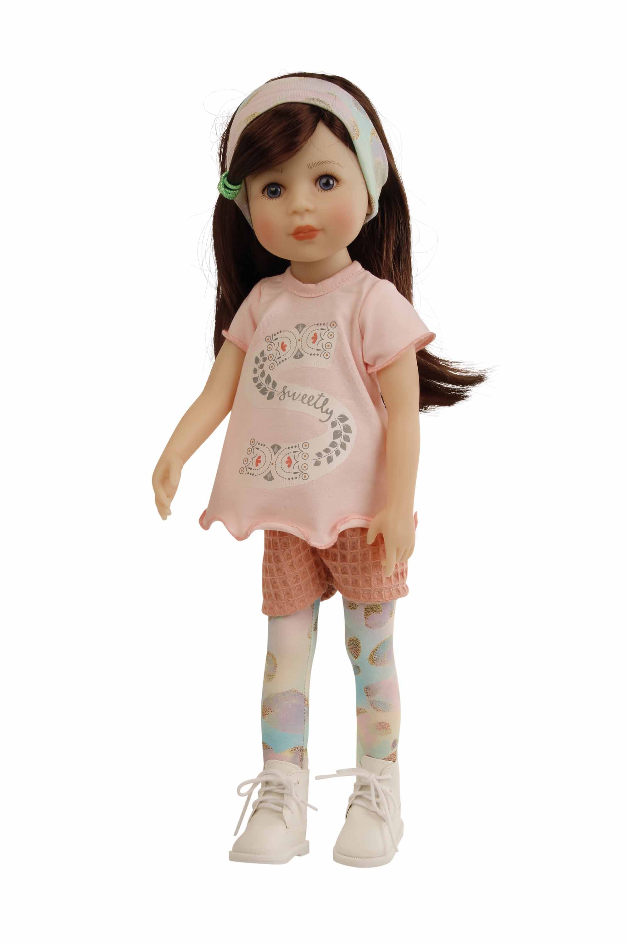 Stehpuppe Yella 46 cm braune Haare, Regenbogen-Kleidung