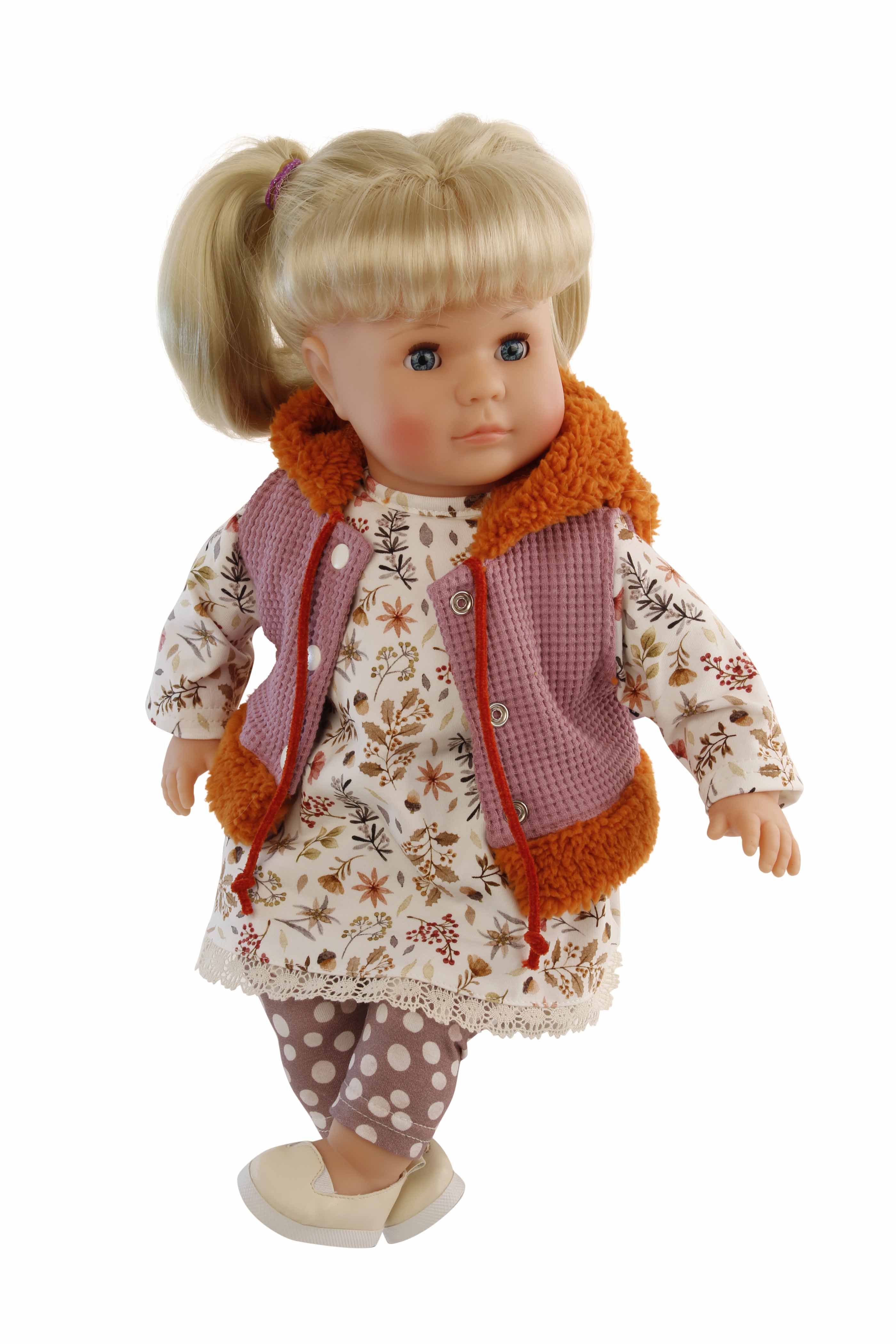 3245219 Puppe Hanni 45 cm blonde Haare, blaue Schlafaugen, Kleidung lila/weiss/braun