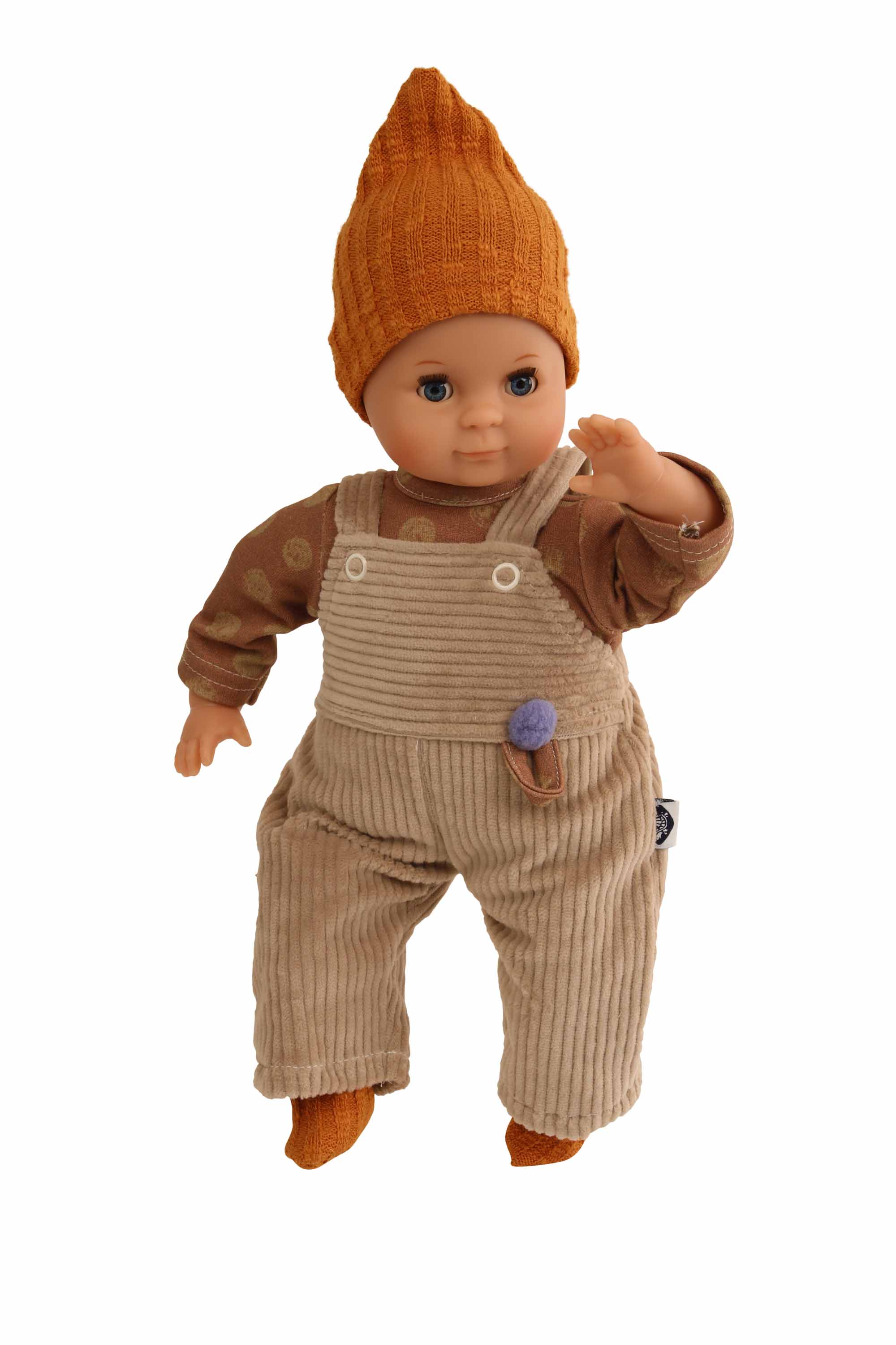 Puppe Schlummerle 32 cm mit Malhaar und blauen Schlafaugen, Kleidung braun/orange