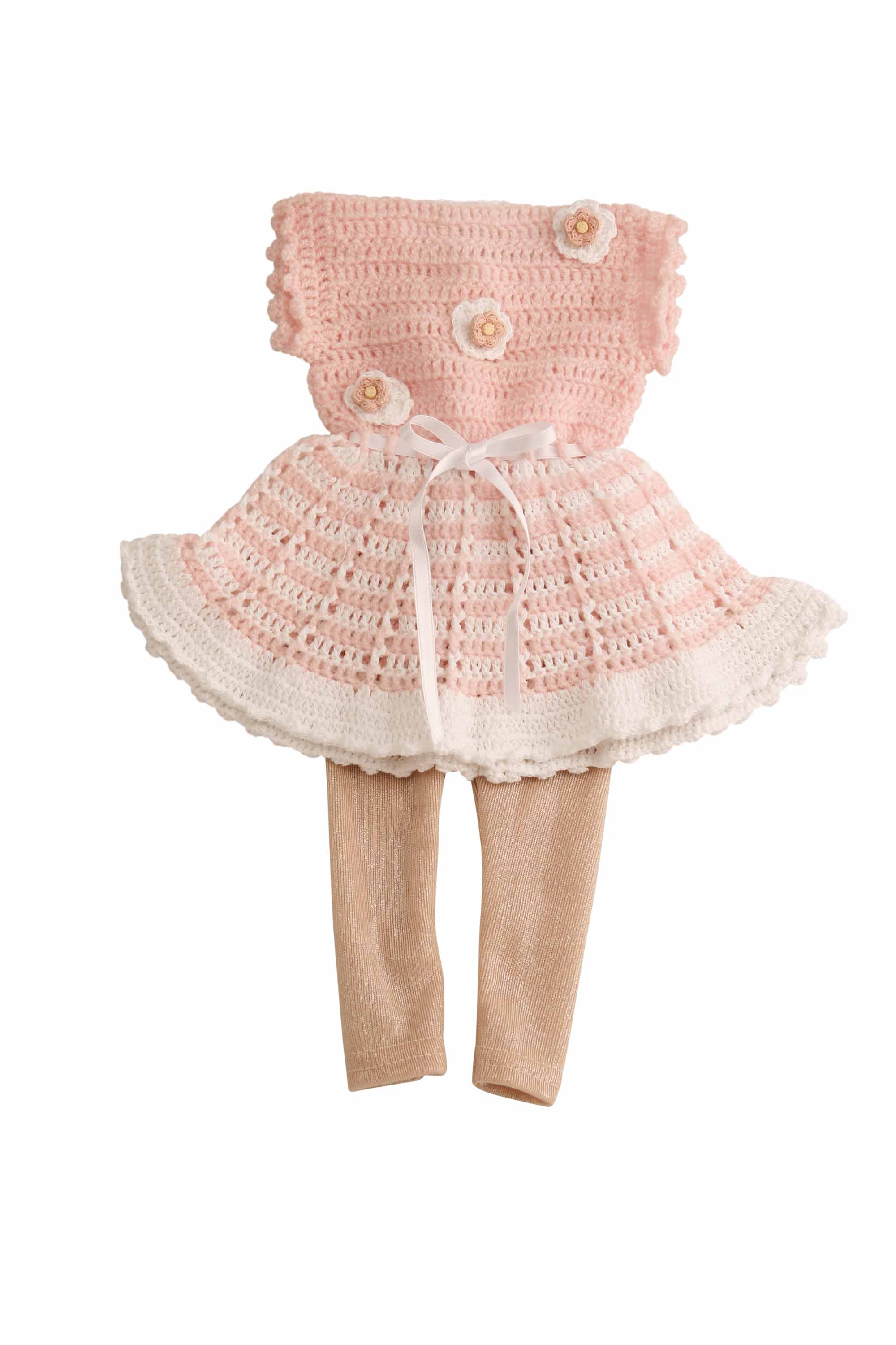 0046384 Kleidung zu Puppe Yella 46 cm Häkelkleidung rose/weiss