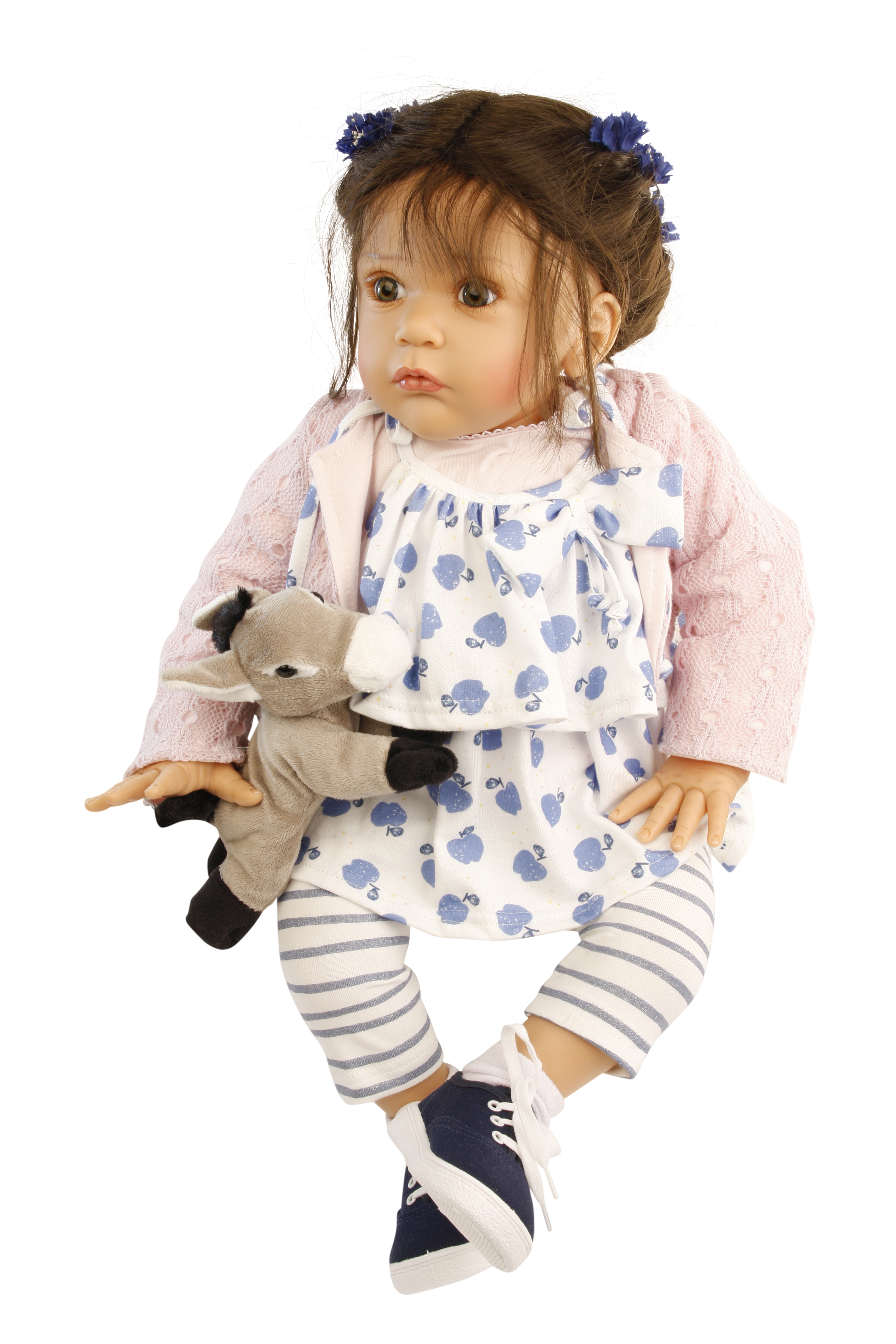 50160929 Puppe Mara 60 cm von Gudrun Legler, braune Haare, Kleidung blau/weiss/rose