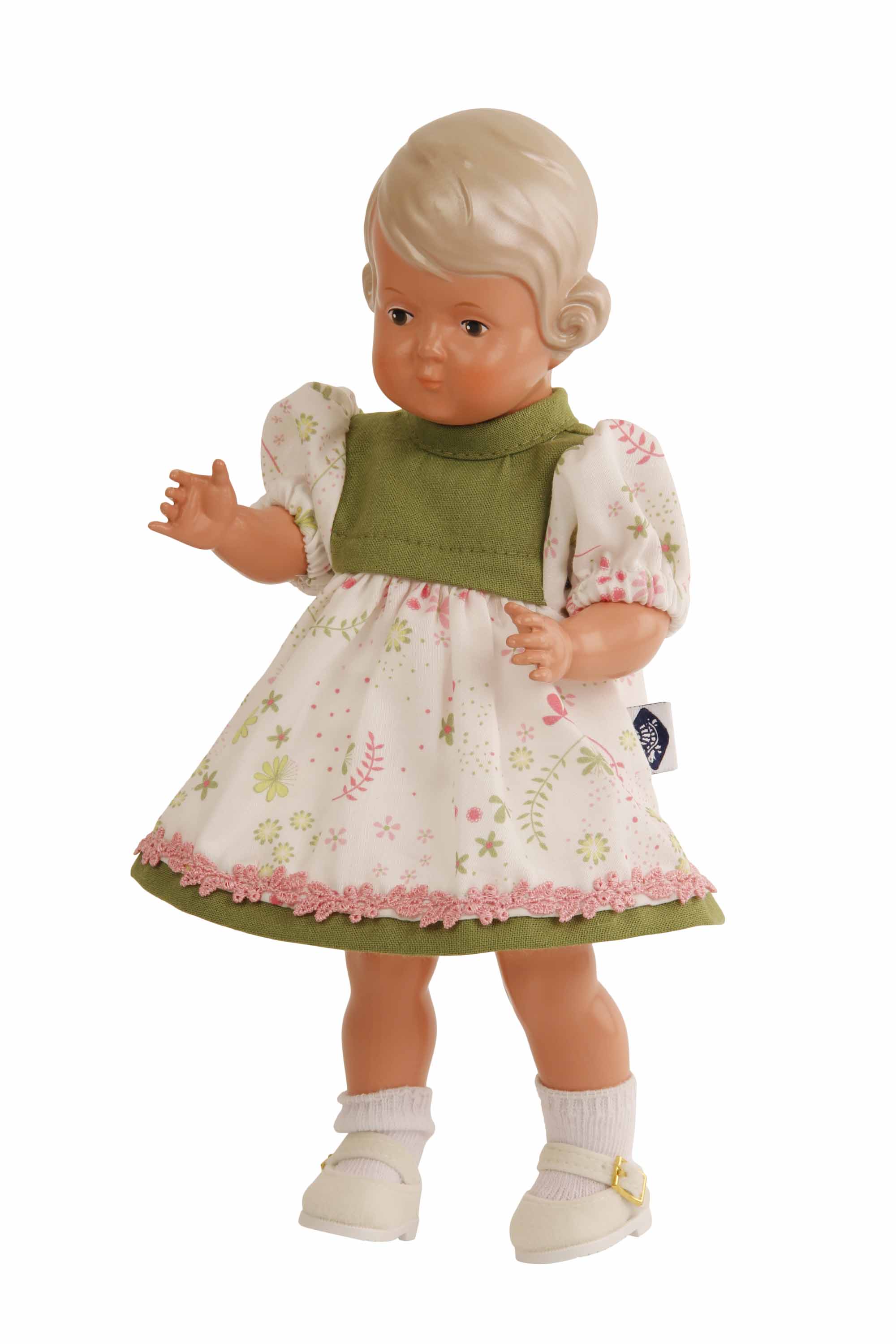 Puppe Inge  25 cm rosige Hautfarbe blonde Malhaare Sommerkleid grün/weiss