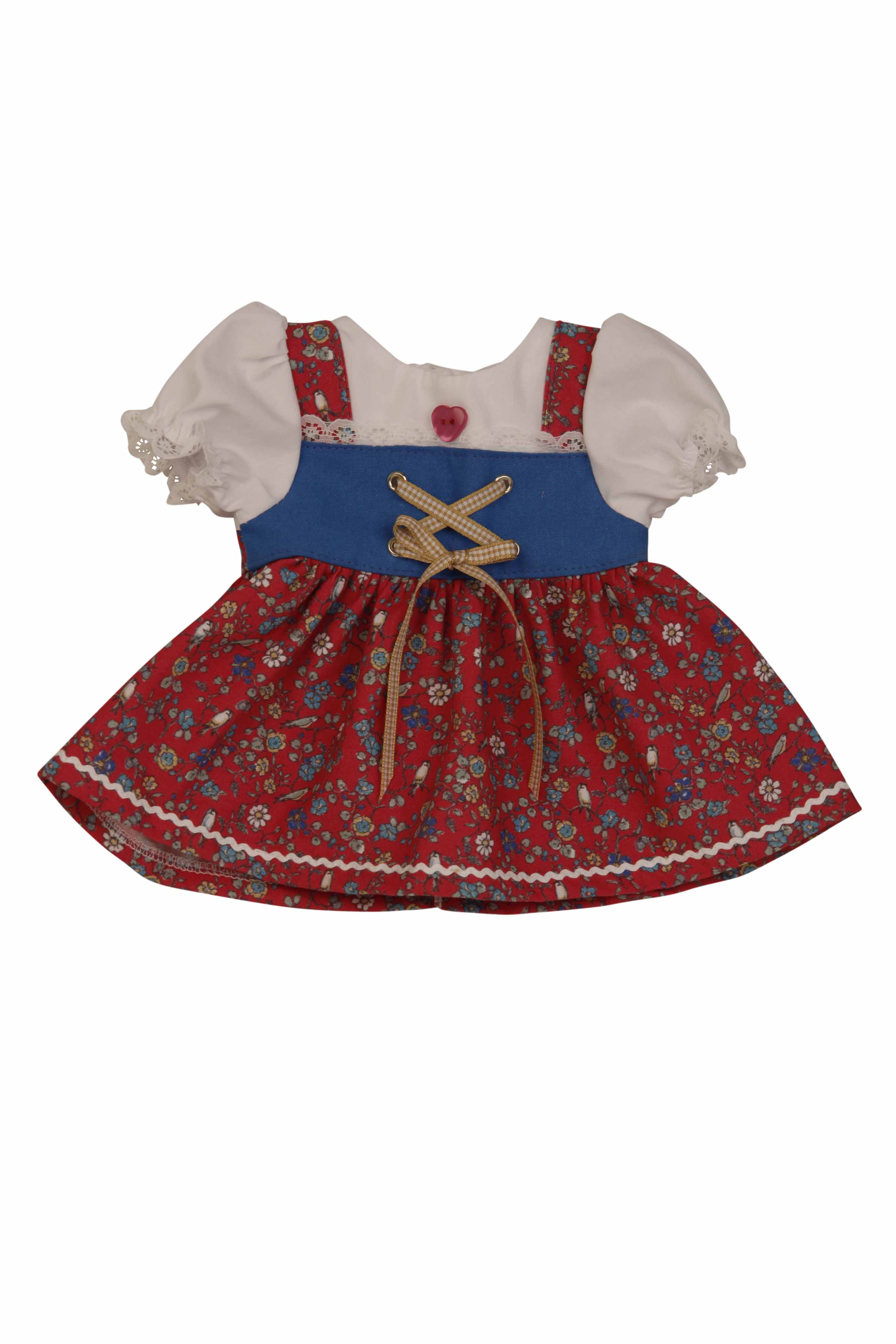 0025279 Kleid für Stehpuppe 25 bis 70 cm, Dirndl weiß/blau/rot