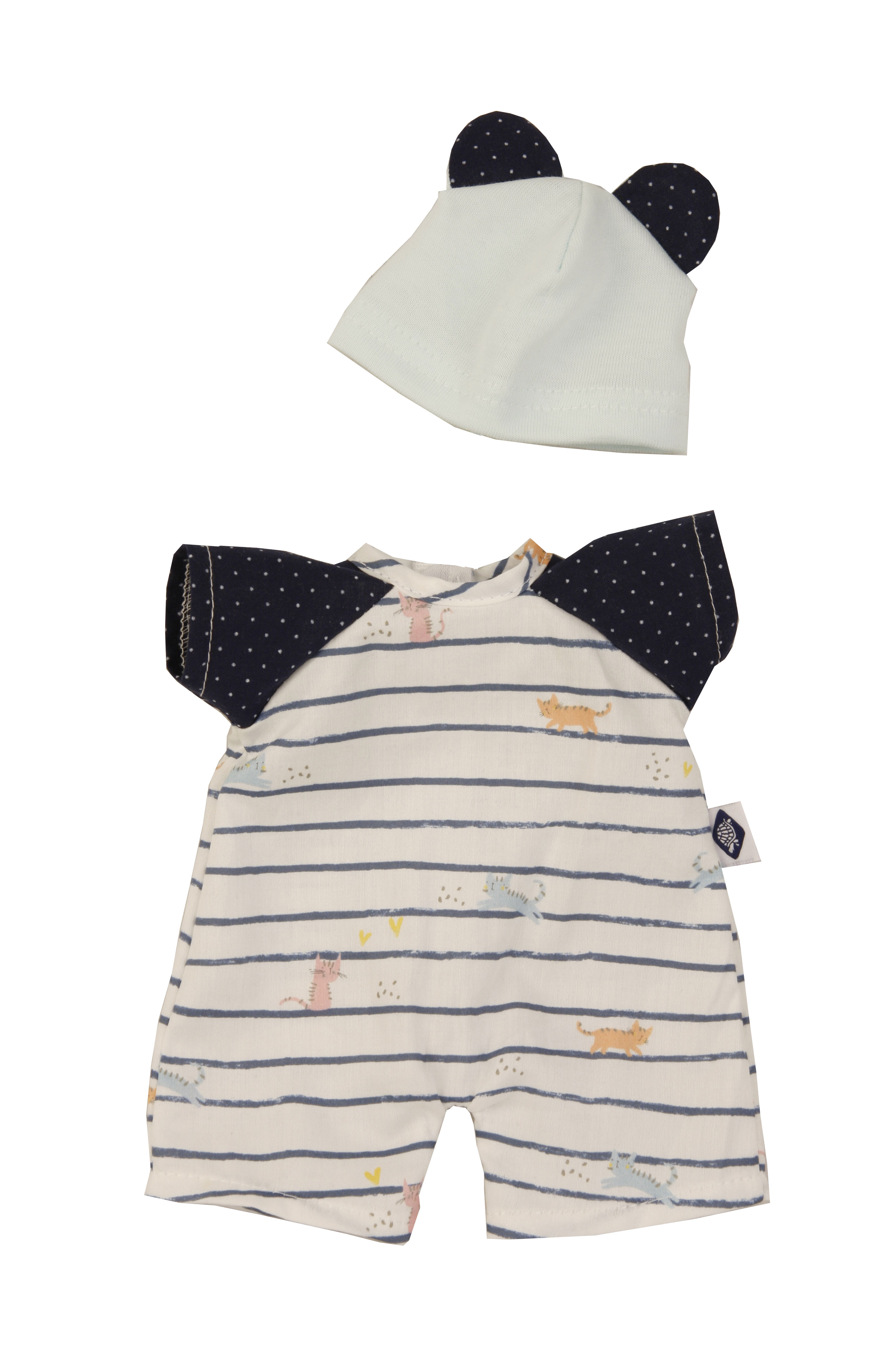 0030966 Overall mit Mütze zu Puppe Schmuserle 30 cm in blau/weiss
