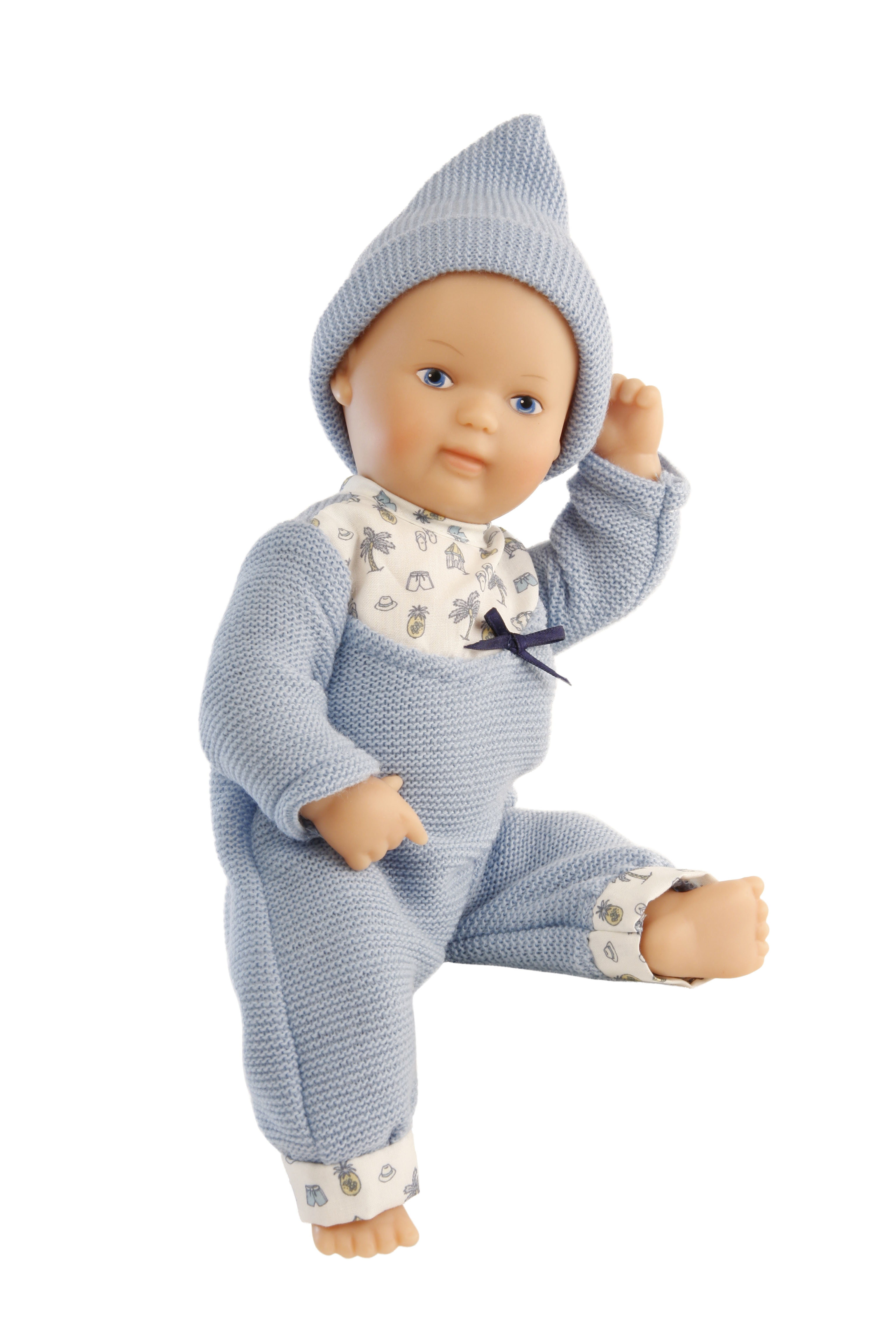2528053 Puppe Mein 1. Baby 28 cm mit Malhaar und blauen Malaugen, Overall blau/weiß Strick