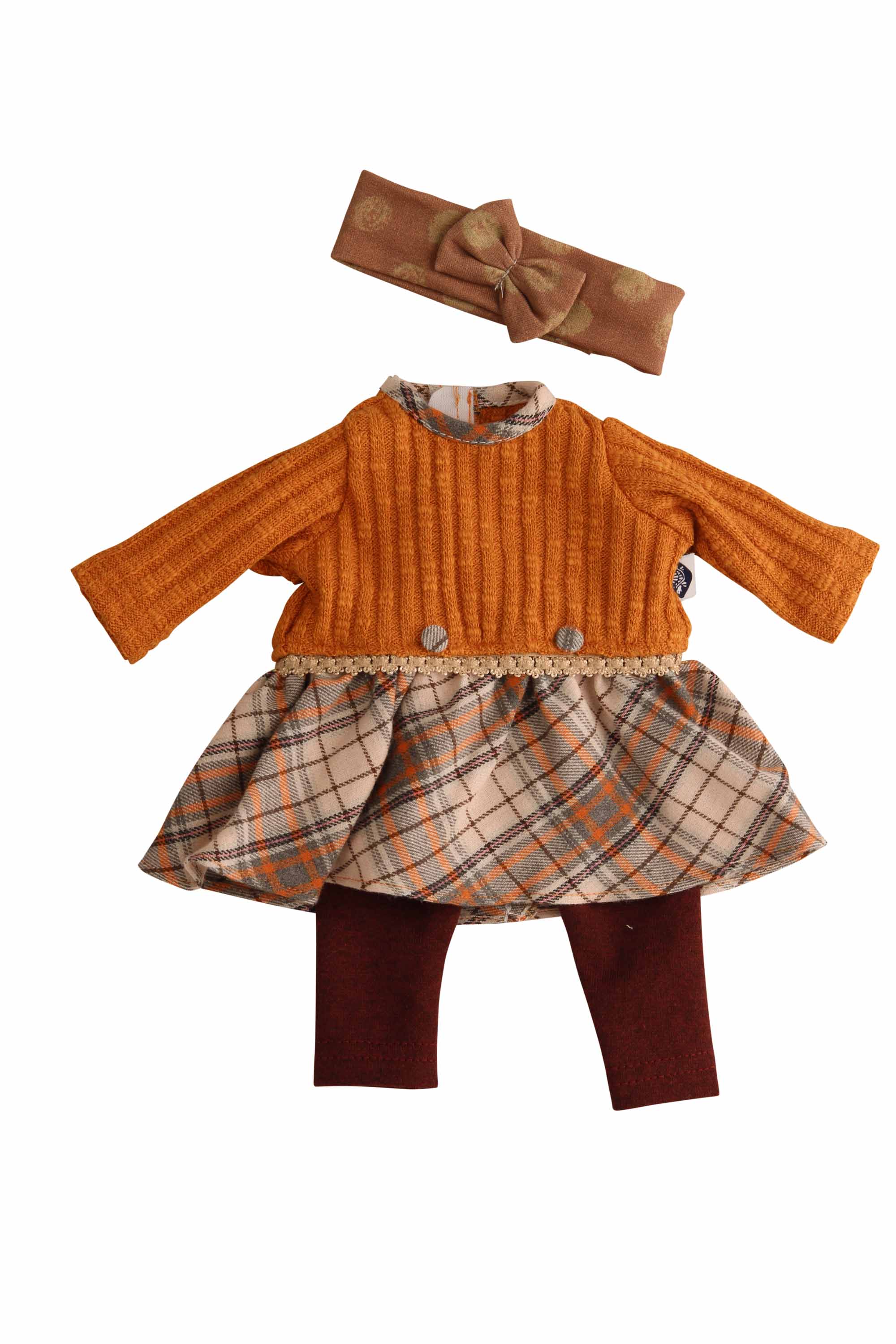 Kleidung zu Puppe Schlummerle 32 cm, Kleidung Karo/orange/weinrot