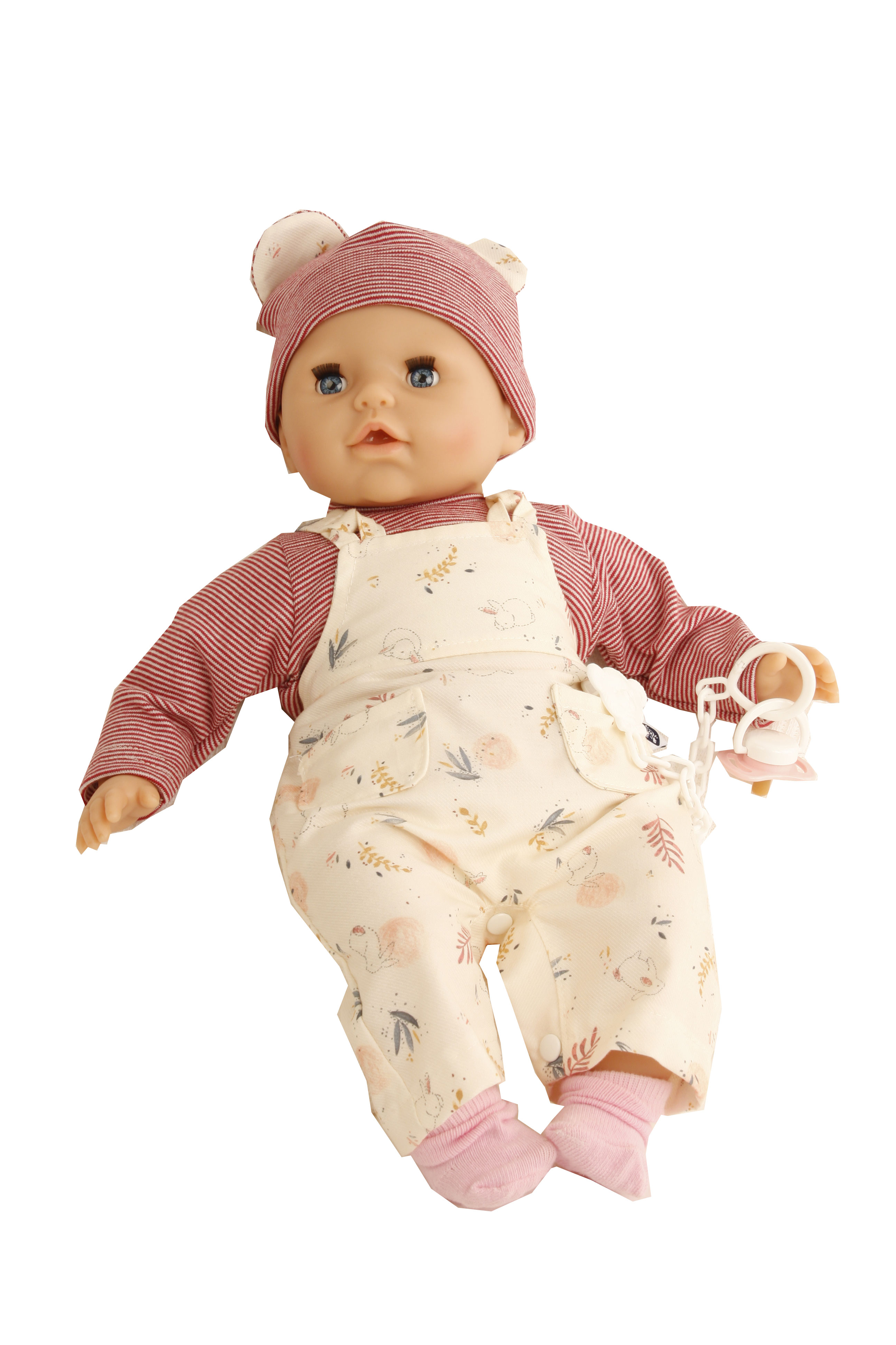 Baby Amy 45 cm mit Schnuller, Malhaar, blaue Schlafaugen, Kleidung rot/weiss