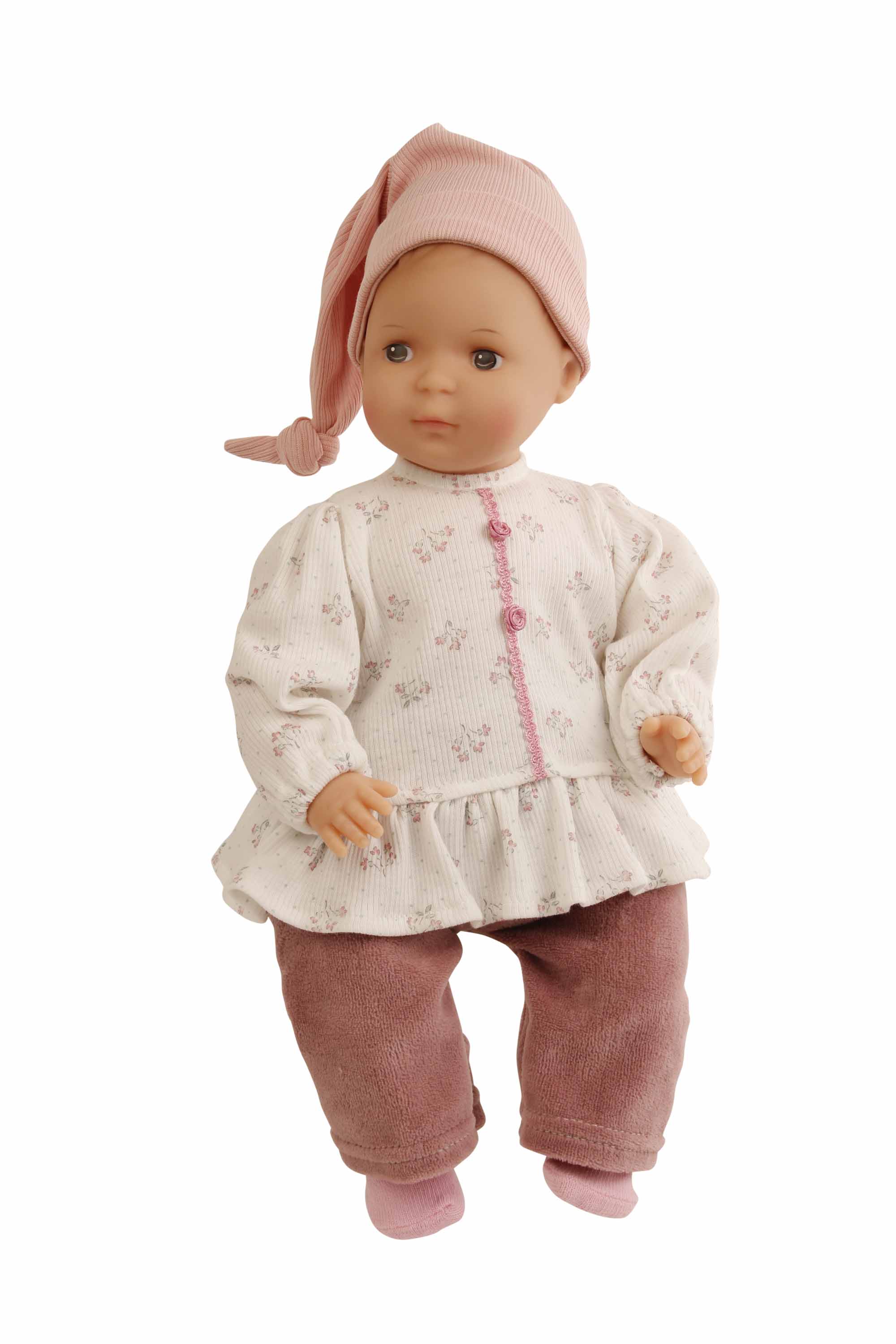 Puppe Schlenkerle 37 cm mit Malhaar und braunen Malaugen, Kleidung weiss/rose/aubergine