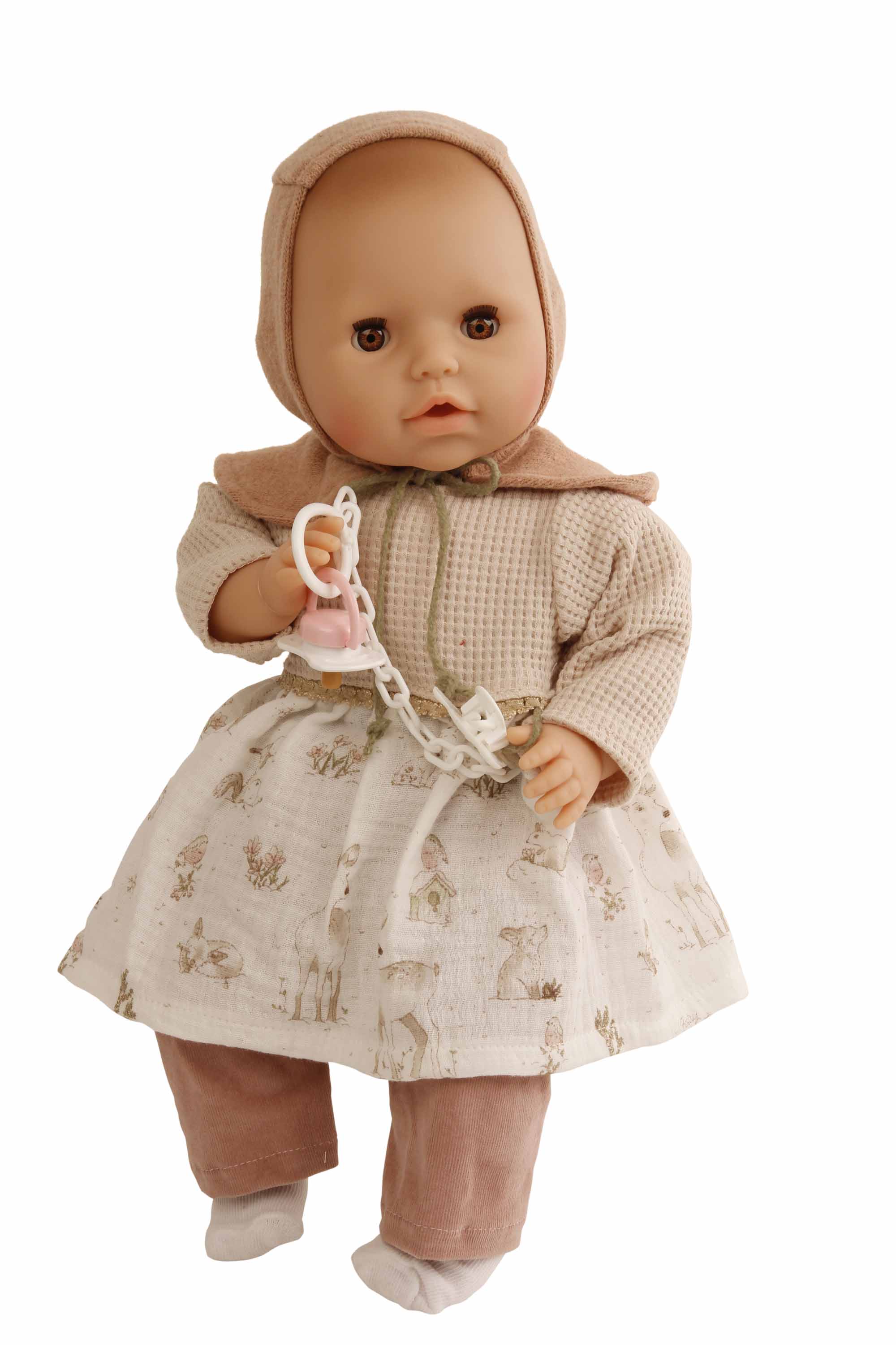 Baby Amy 45 cm mit Schnuller, Malhaar, braune Schlafaugen, Kleidung rosenholz/beige