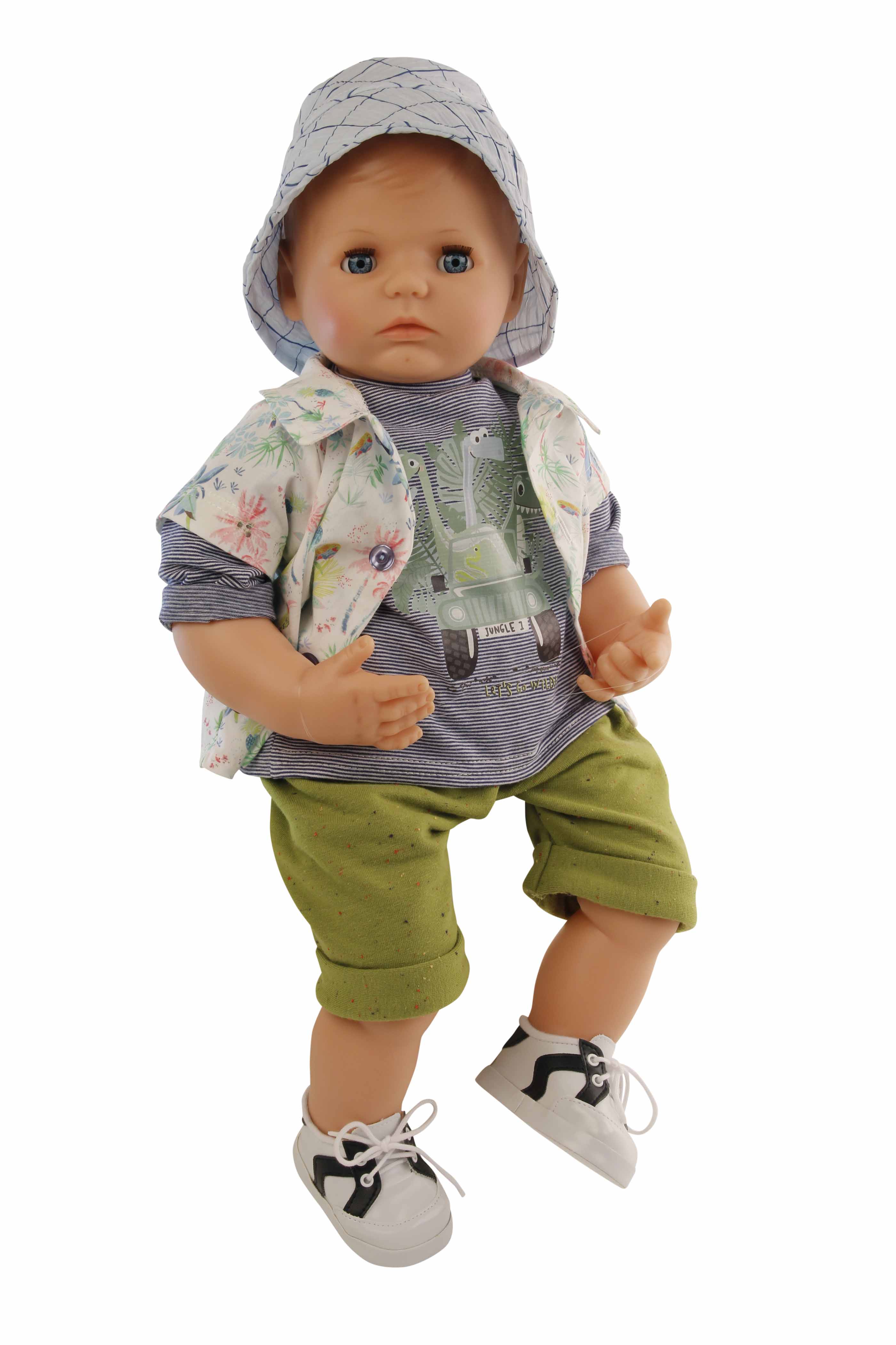 5952234 Puppe Peterle 52 cm mit Malhaar, blauen Schlafaugen, Kleidung Dschungel-Outfit