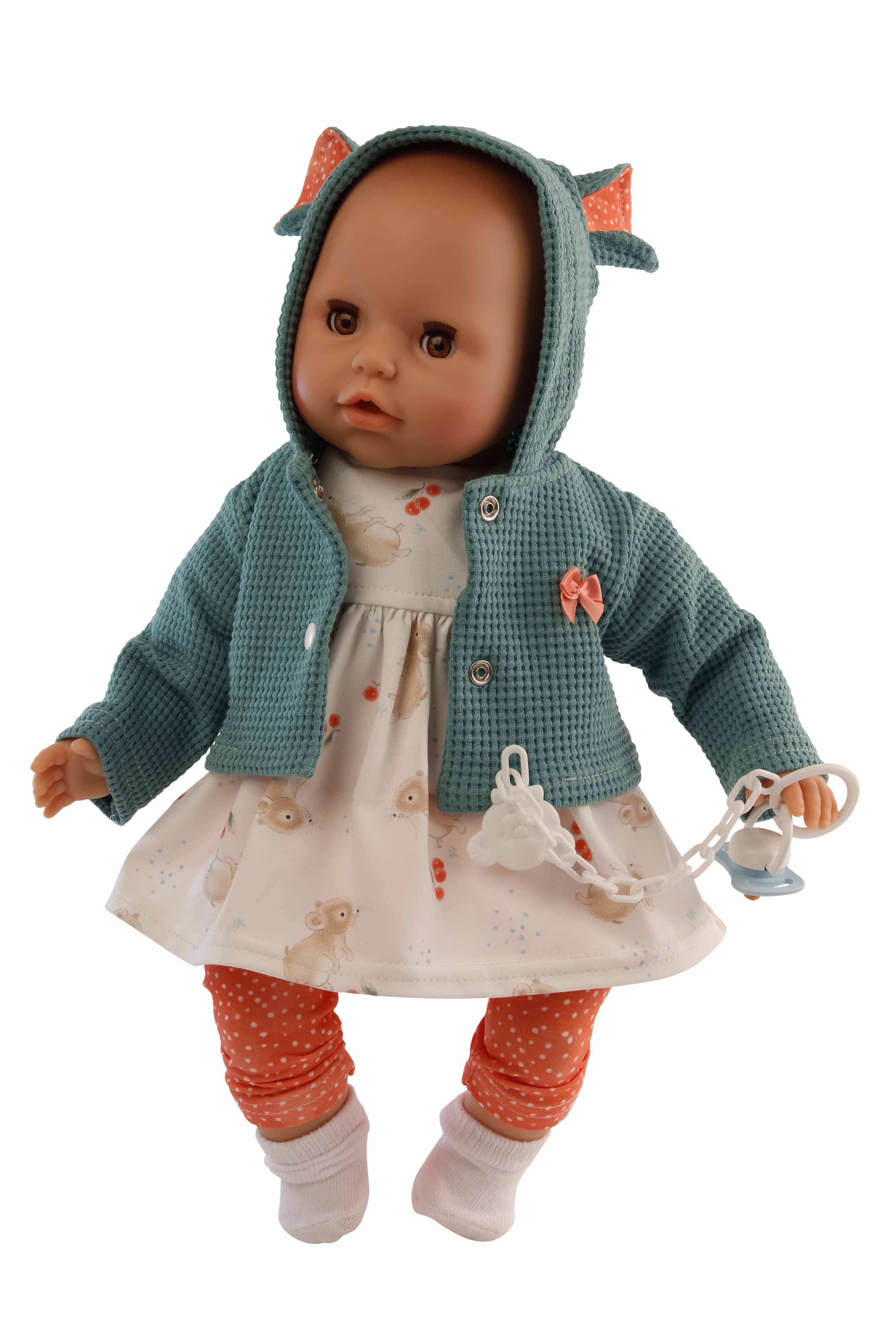 7545260 Baby Amy 45 cm mit Schnuller, Malhaar, braune Schlafaugen, Mäuschenkleidung
