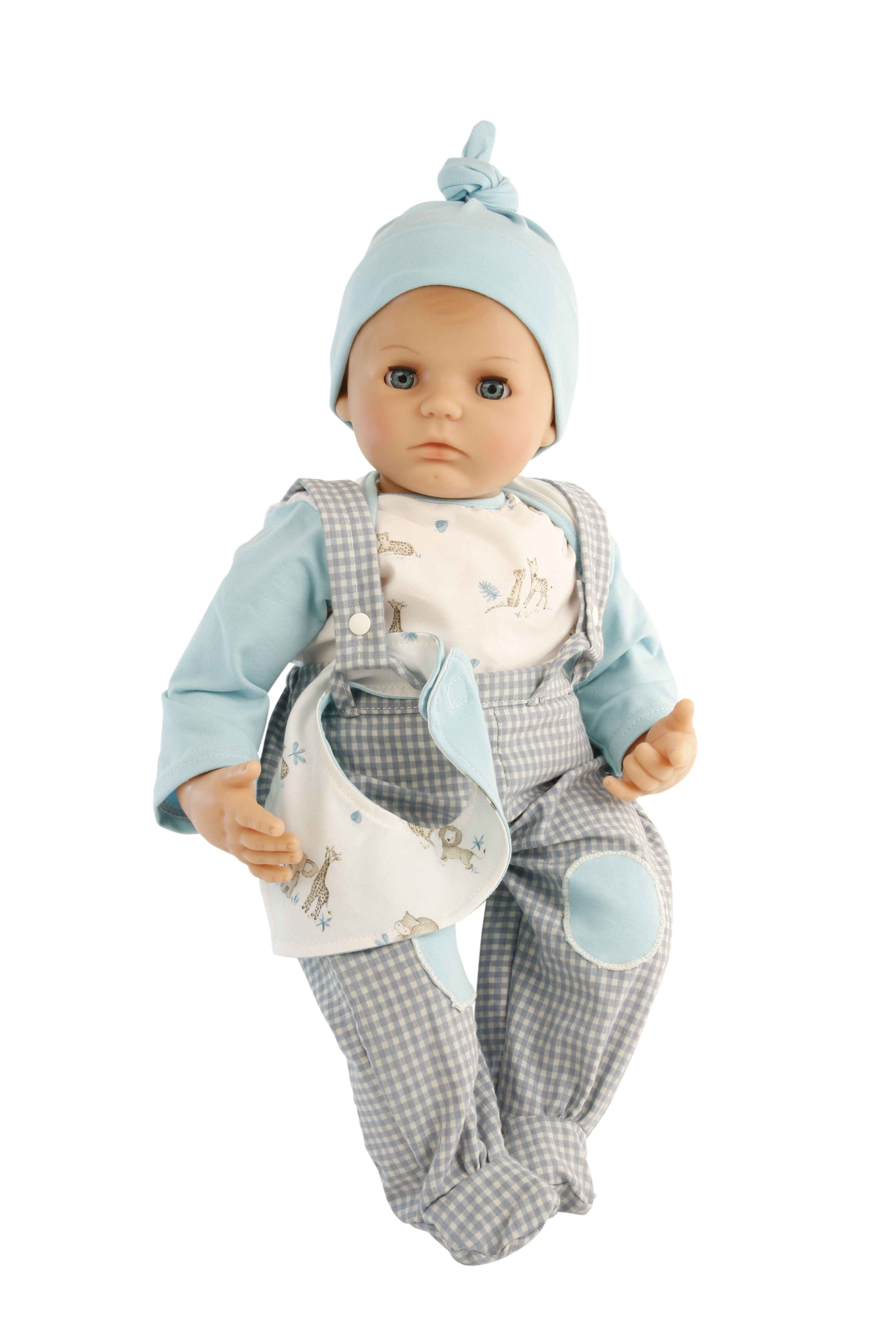 5952067 Puppe Peterle 52 cm mit Malhaar, blauen Schlafaugen, Kleidung grau/mint/weiss