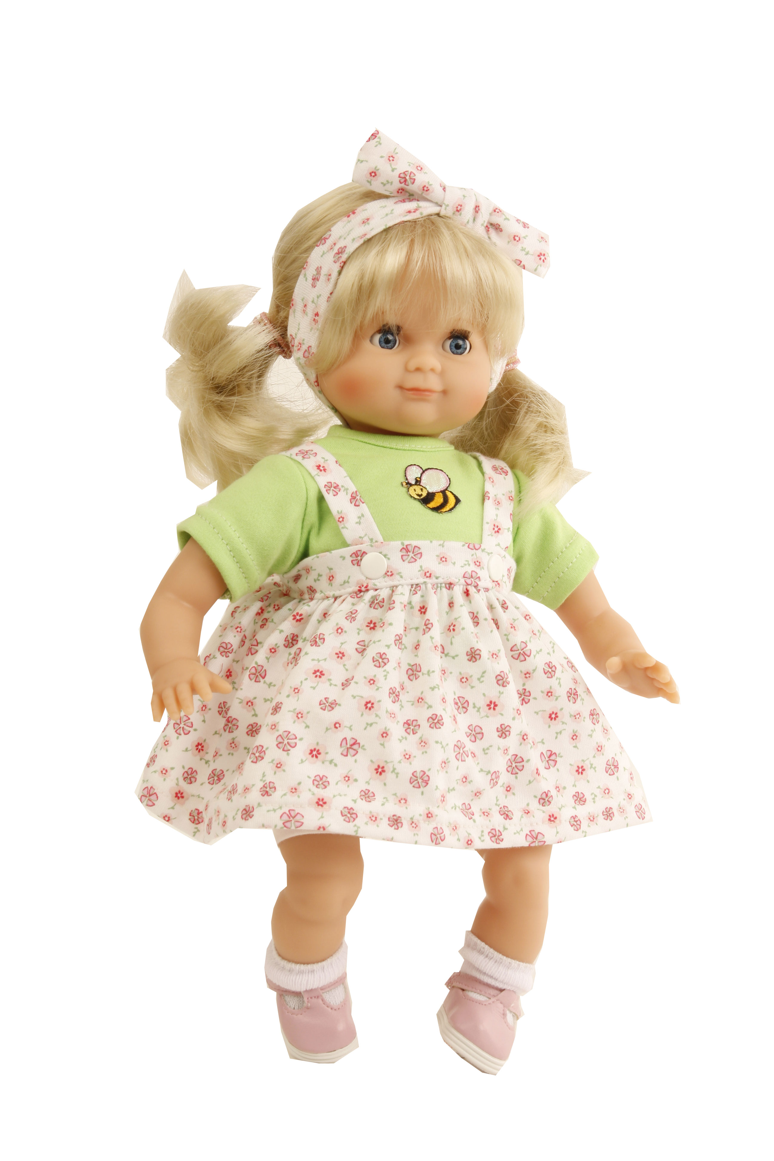 Puppe Schlummerle 32 cm blonde Haare, blaue Schlafaugen, Blumenkleid + Bienchen