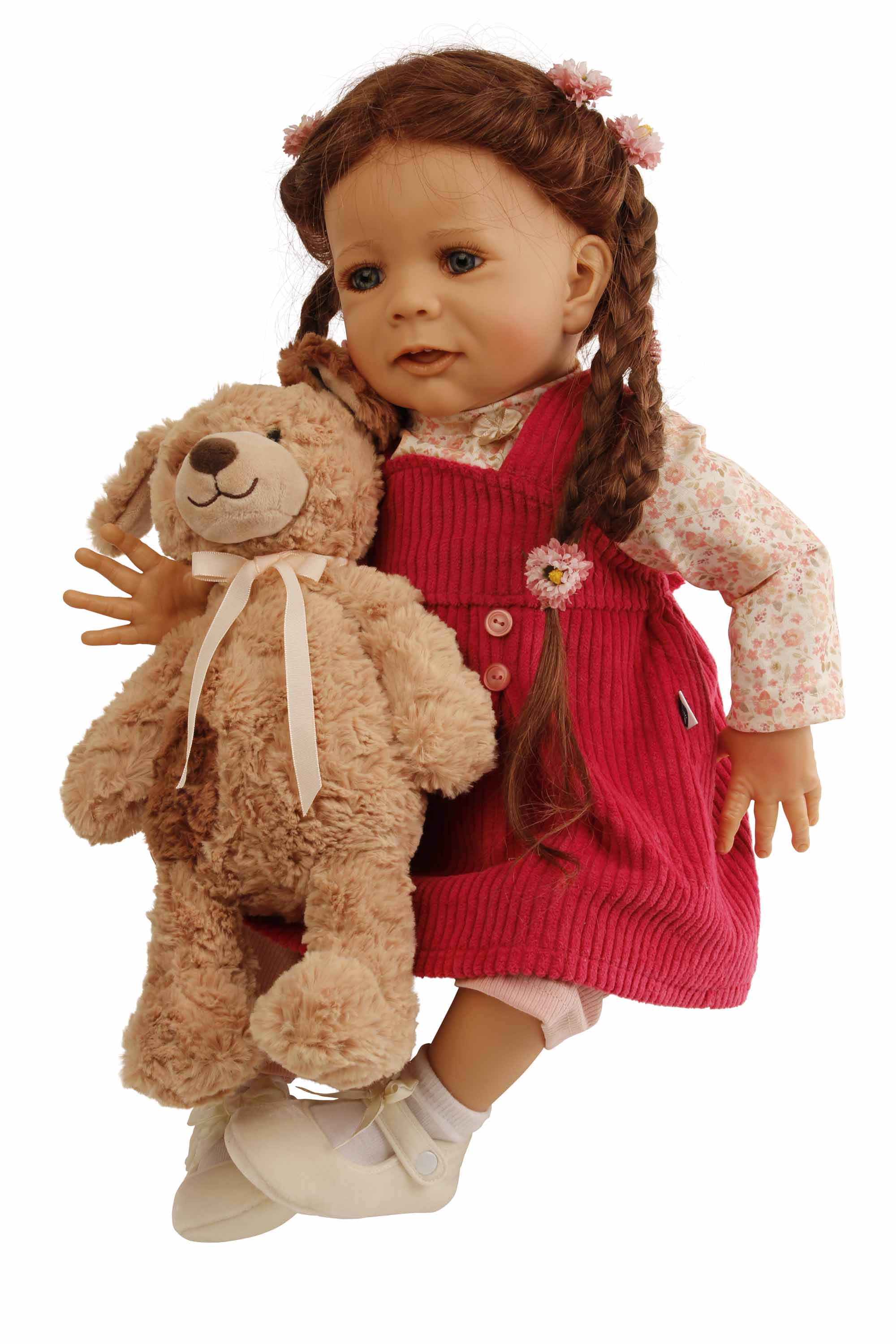 Puppe Femke 60 cm von Karola Wegerich braune Haare, Cordkleidung rot