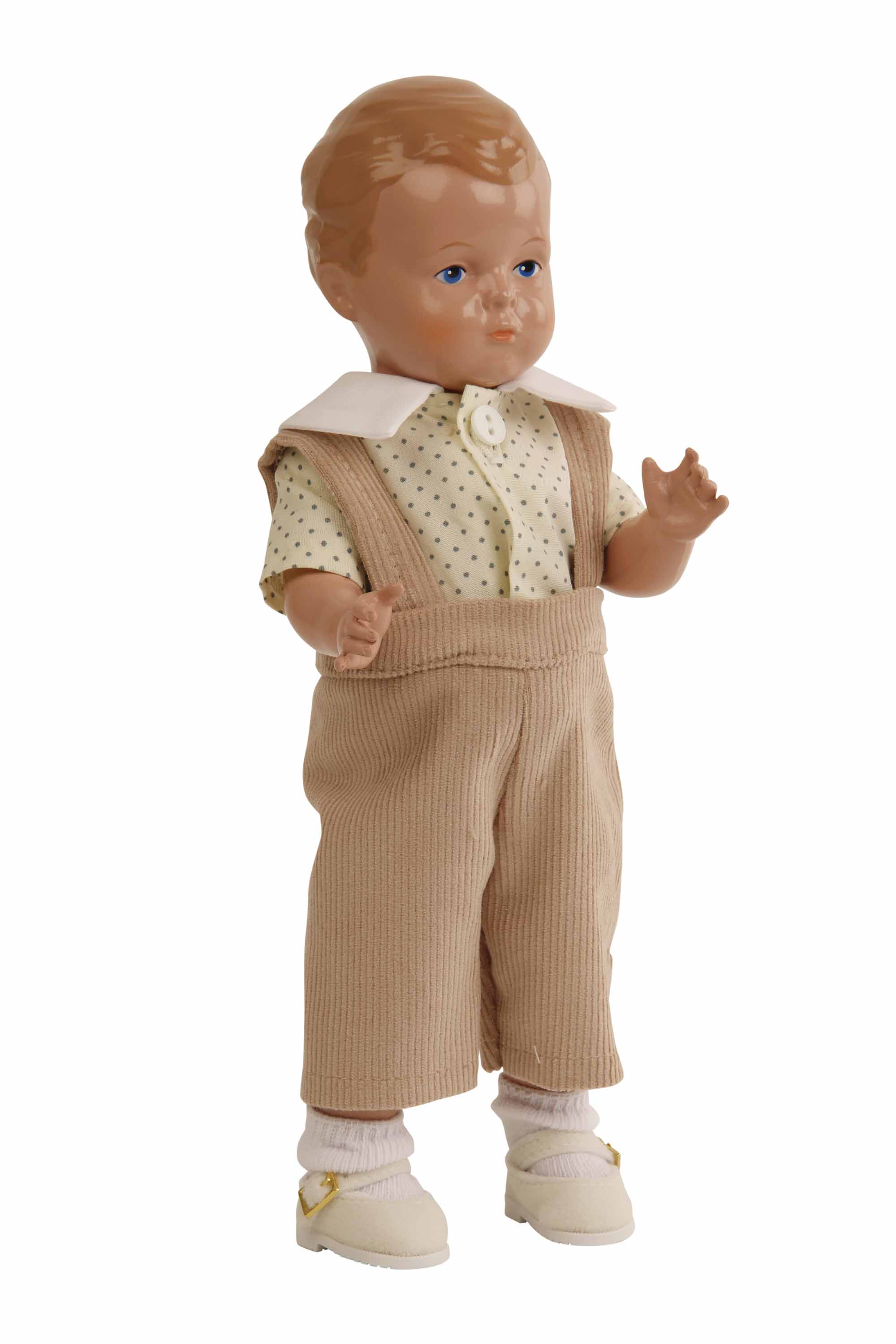 Puppe Hans 25 cm Miblu braune Malhaare, blaue Malaugen, Kleidung beige/gelb