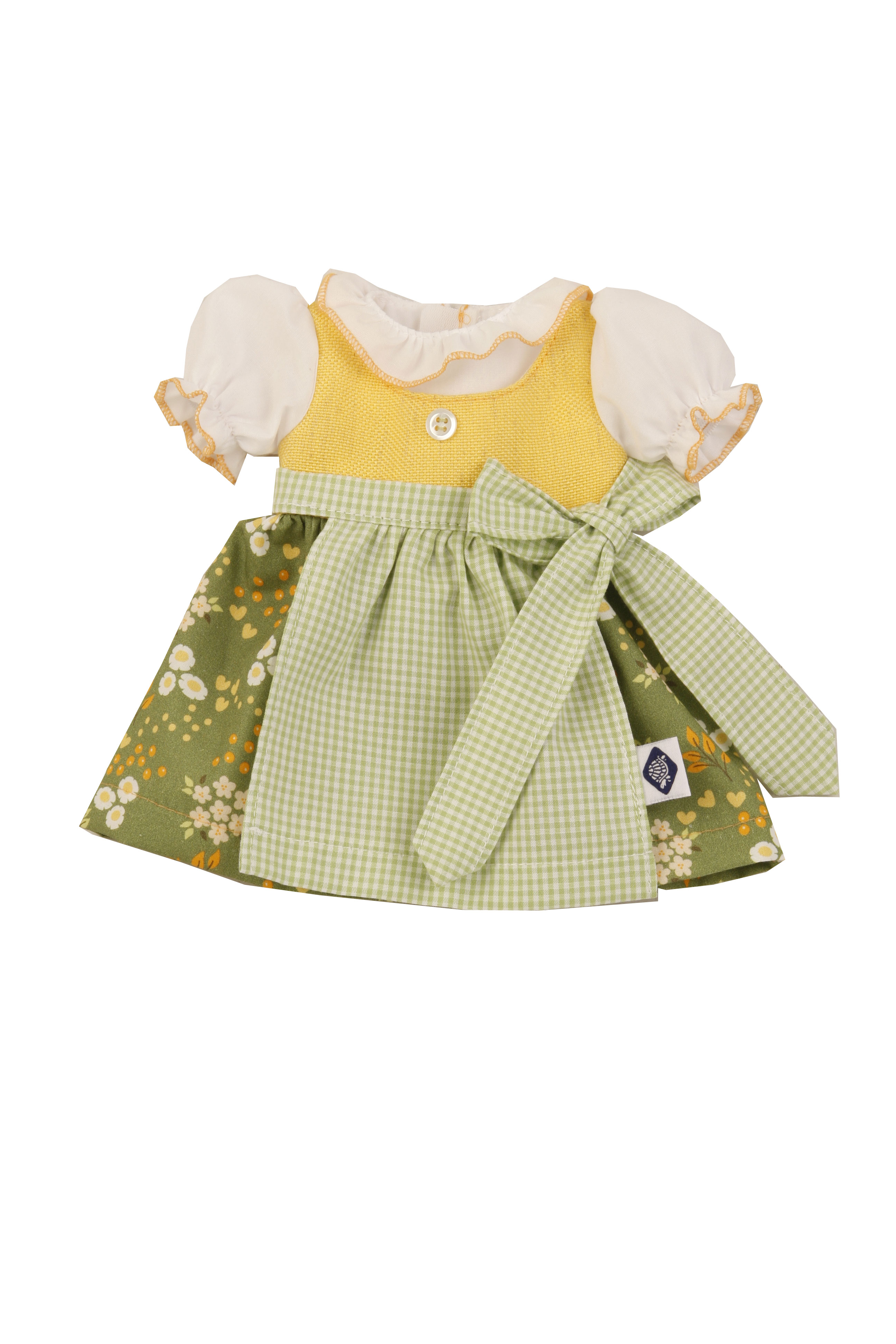 0025931 Kleid für Stehpuppe 25+34+41 cm, Dirndl grün/gelb/weiss