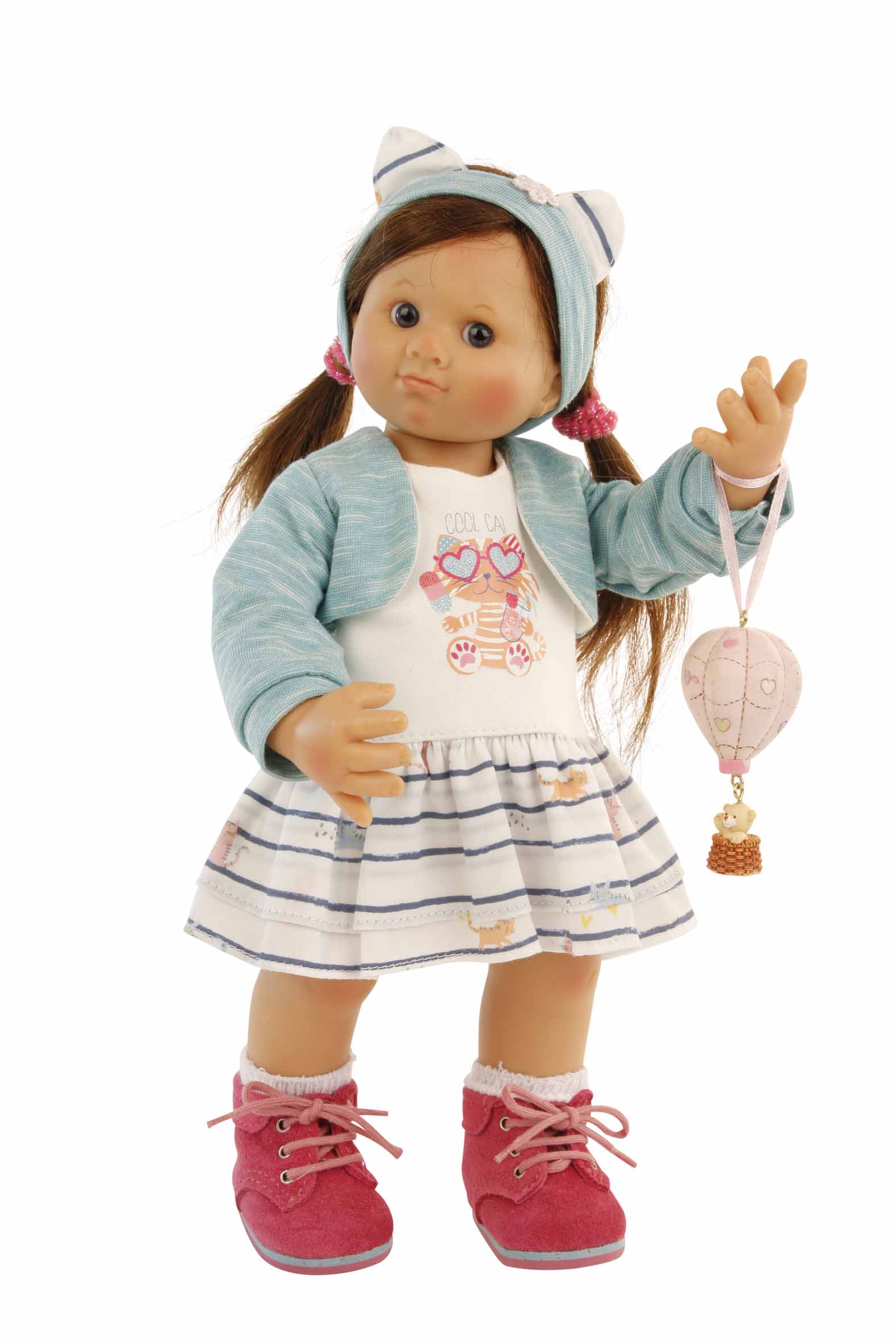 42430943 Puppe Müller-Wichtel Pia 30 cm braune Haare, Kleidung weiss/türkis mit Ballon