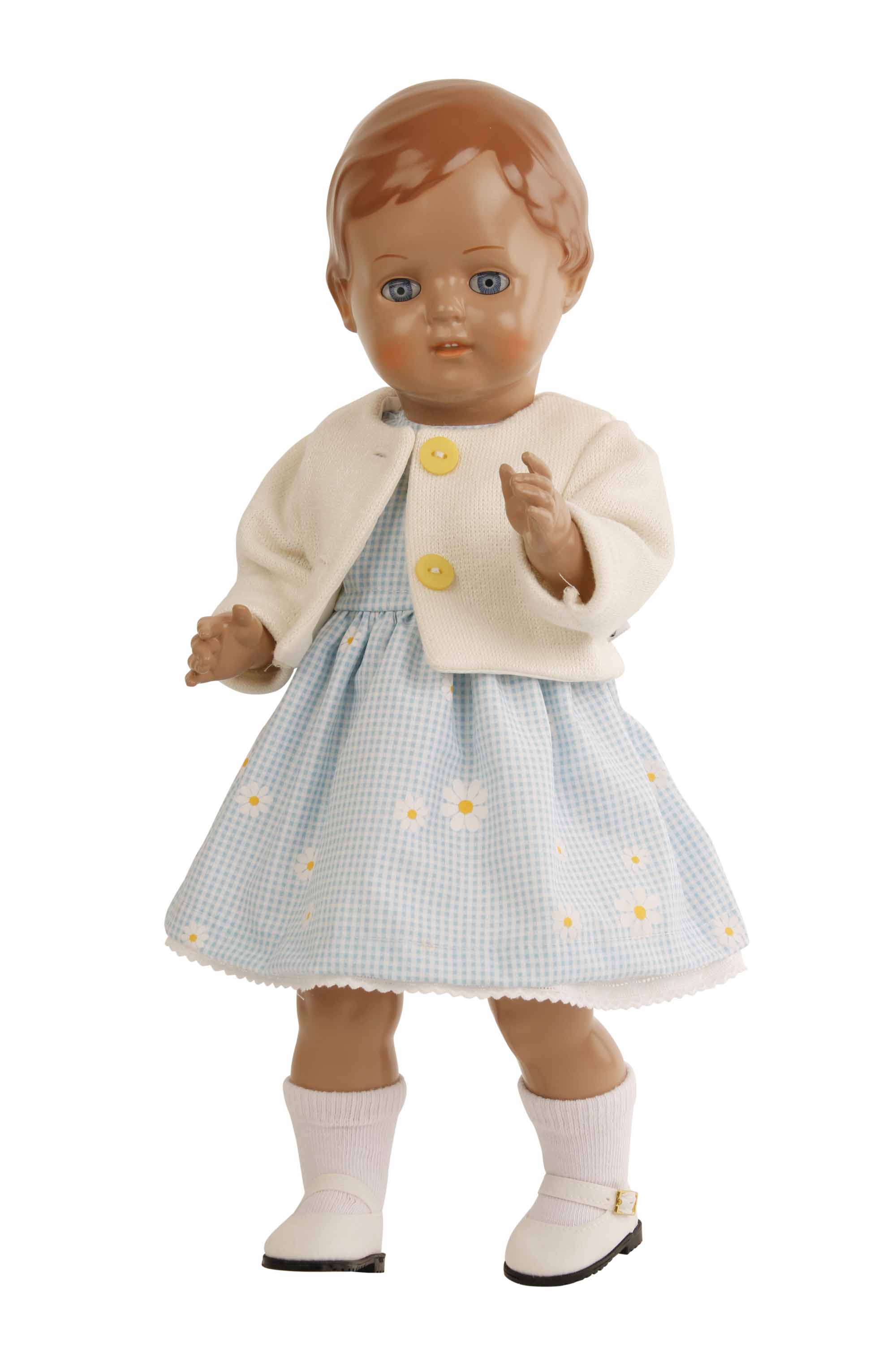 Puppe Christel 34 cm braune Malhaare, blaue Augen, Kleidung blau/creme