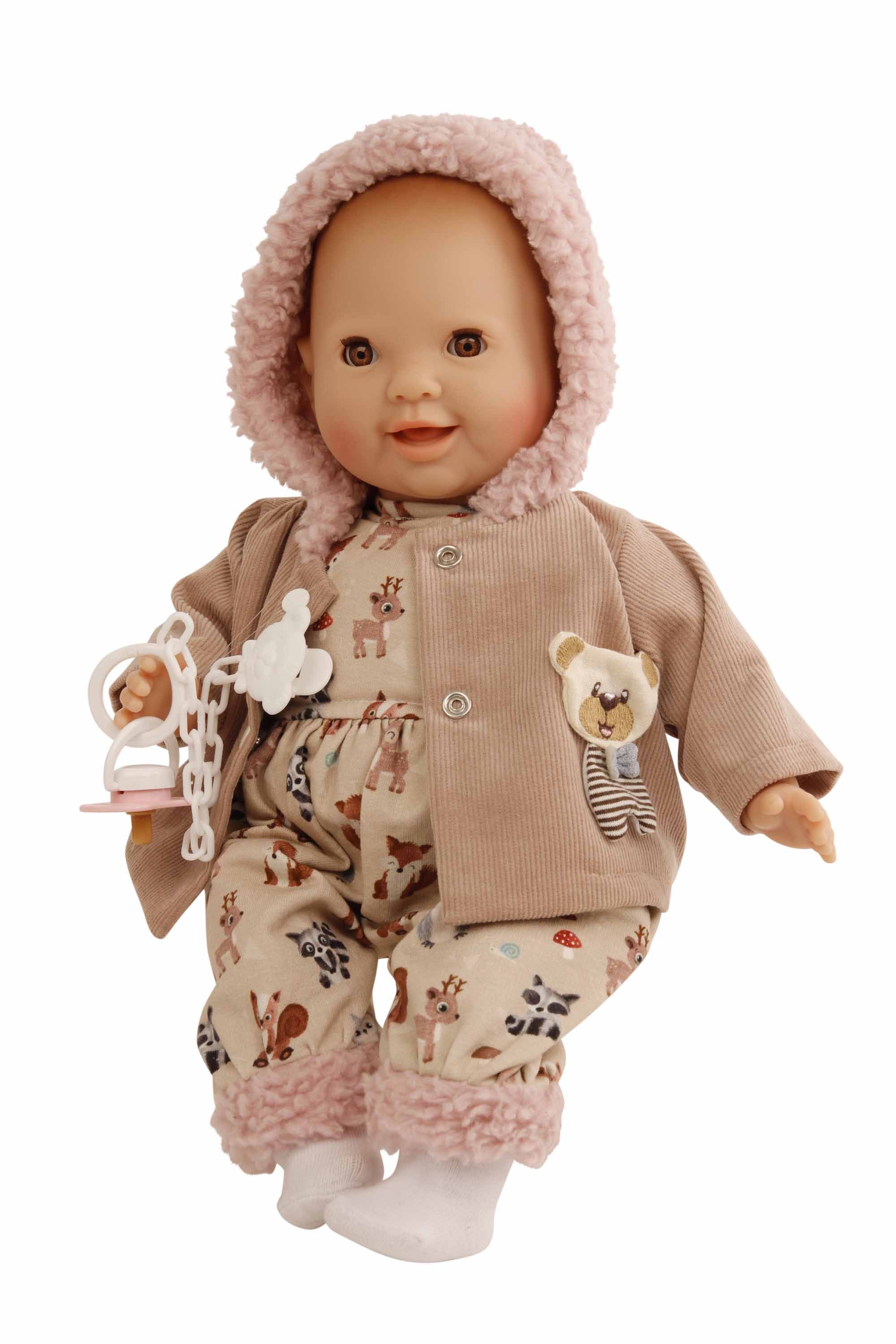 2837379 Schnullerbaby Lenchen 37 cm, Malhaar, braune Schlafaugen, Kleidung Waldtiere