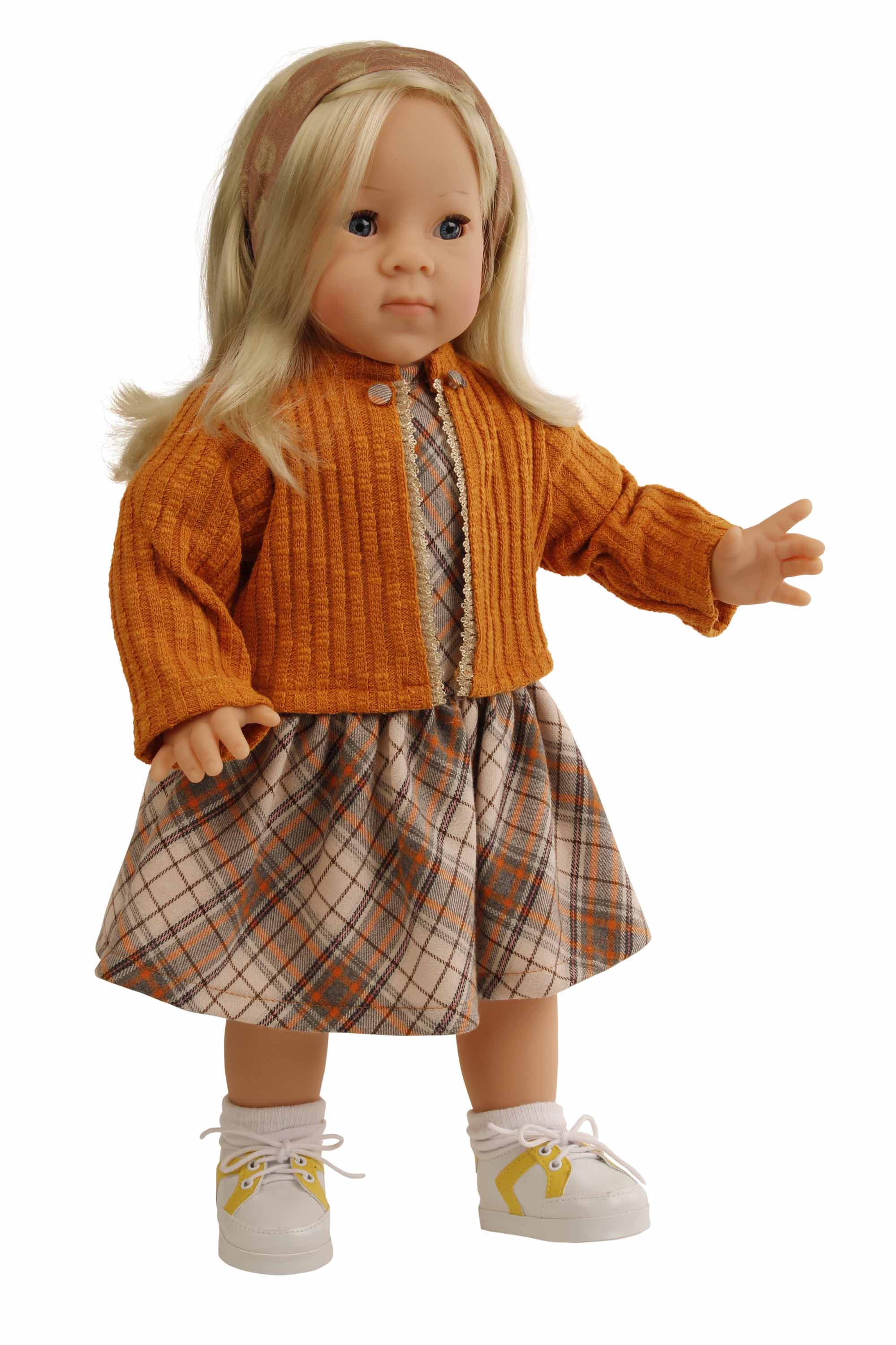 Stehpuppe Elli  52 cm blonde Haare, blaue Schlafaugen, Karokleid mit Jacke braun/orange