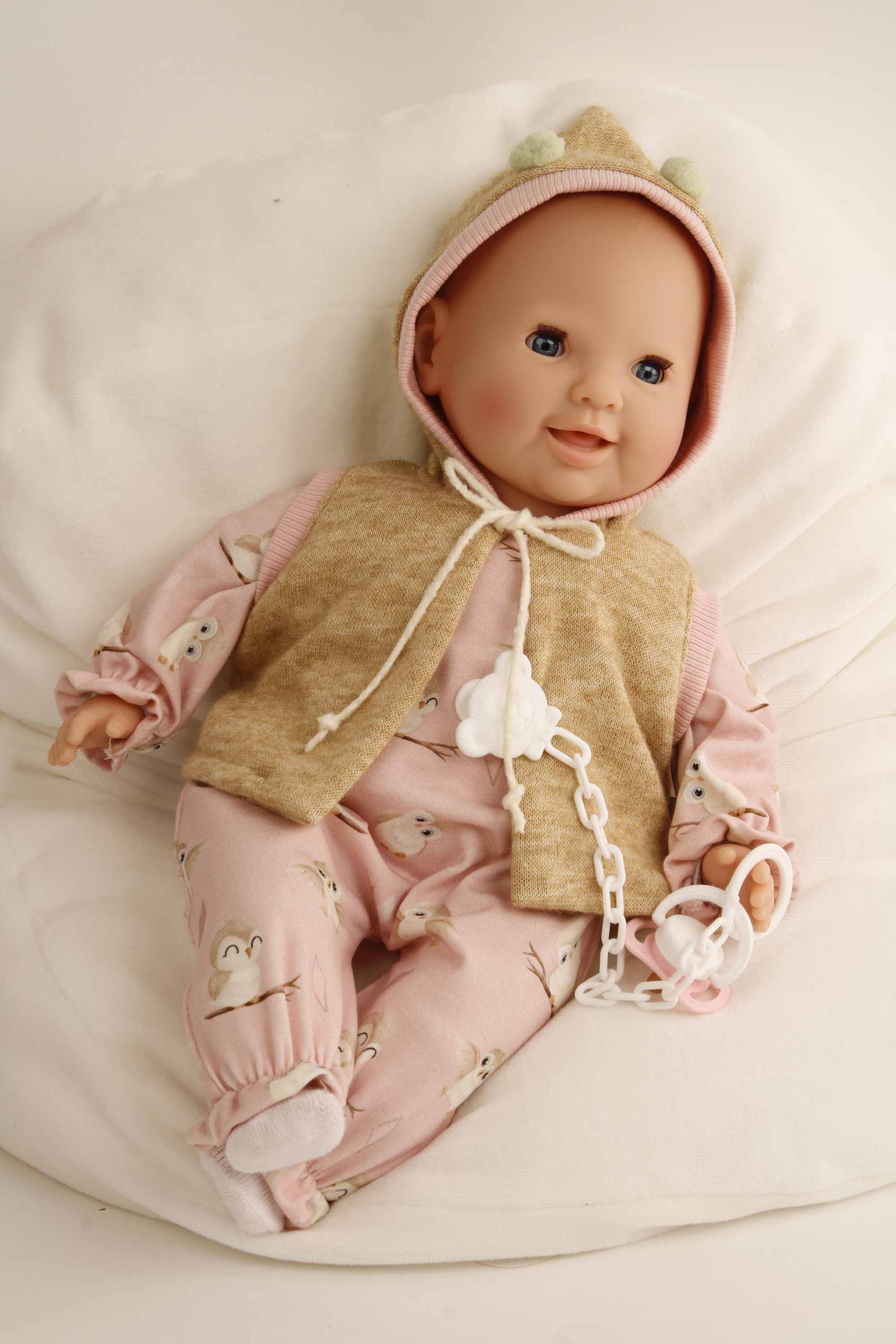 Schnullerbaby Lenchen 37 cm, Malhaar, blaue Schlafaugen, Kleidung Spätzchen