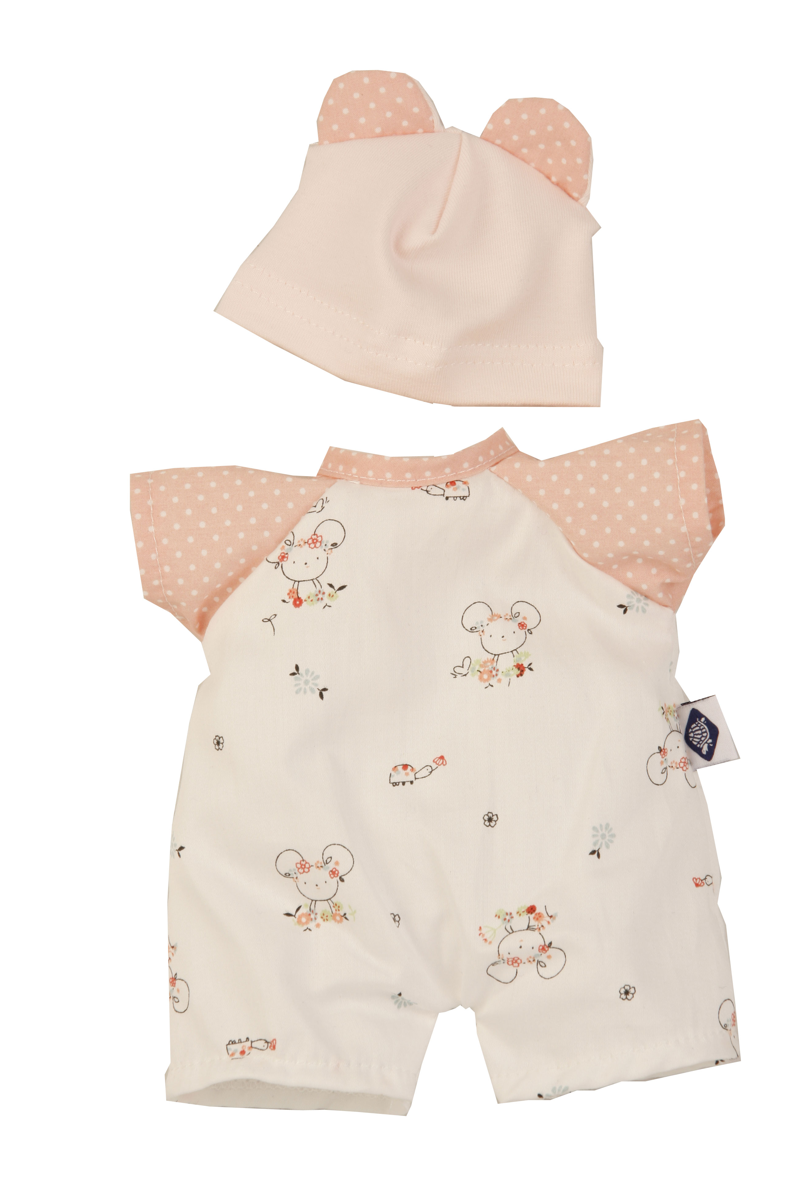 0030967 Overall mit Mütze zu Puppe Schmuserle 30 cm in rose/weiss