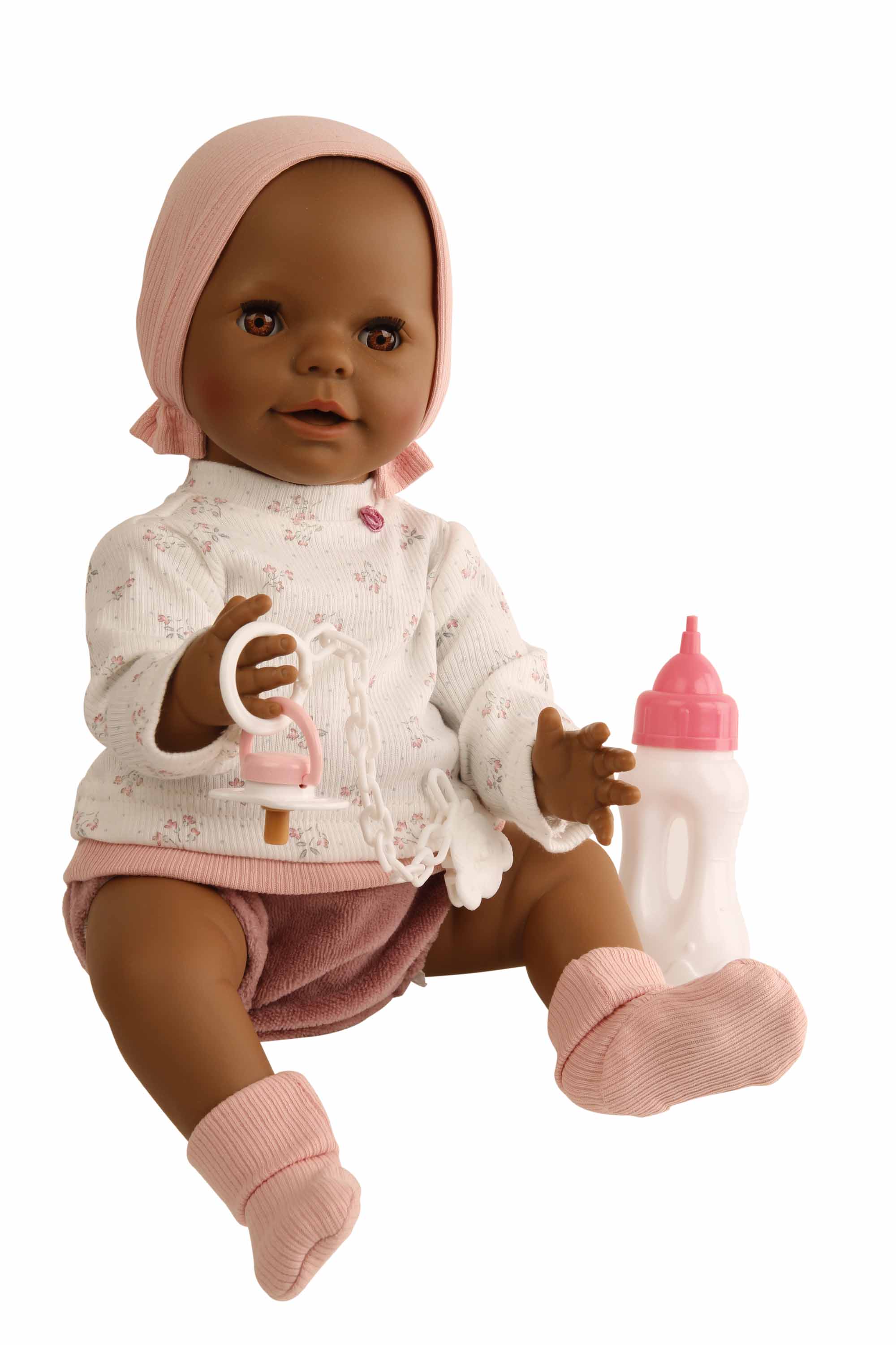 Trink + Näßbaby "Lina" 40 cm dunkel mit Malhaar und braunen Schlafaugen, Kleidung rose/weiss/aubergine