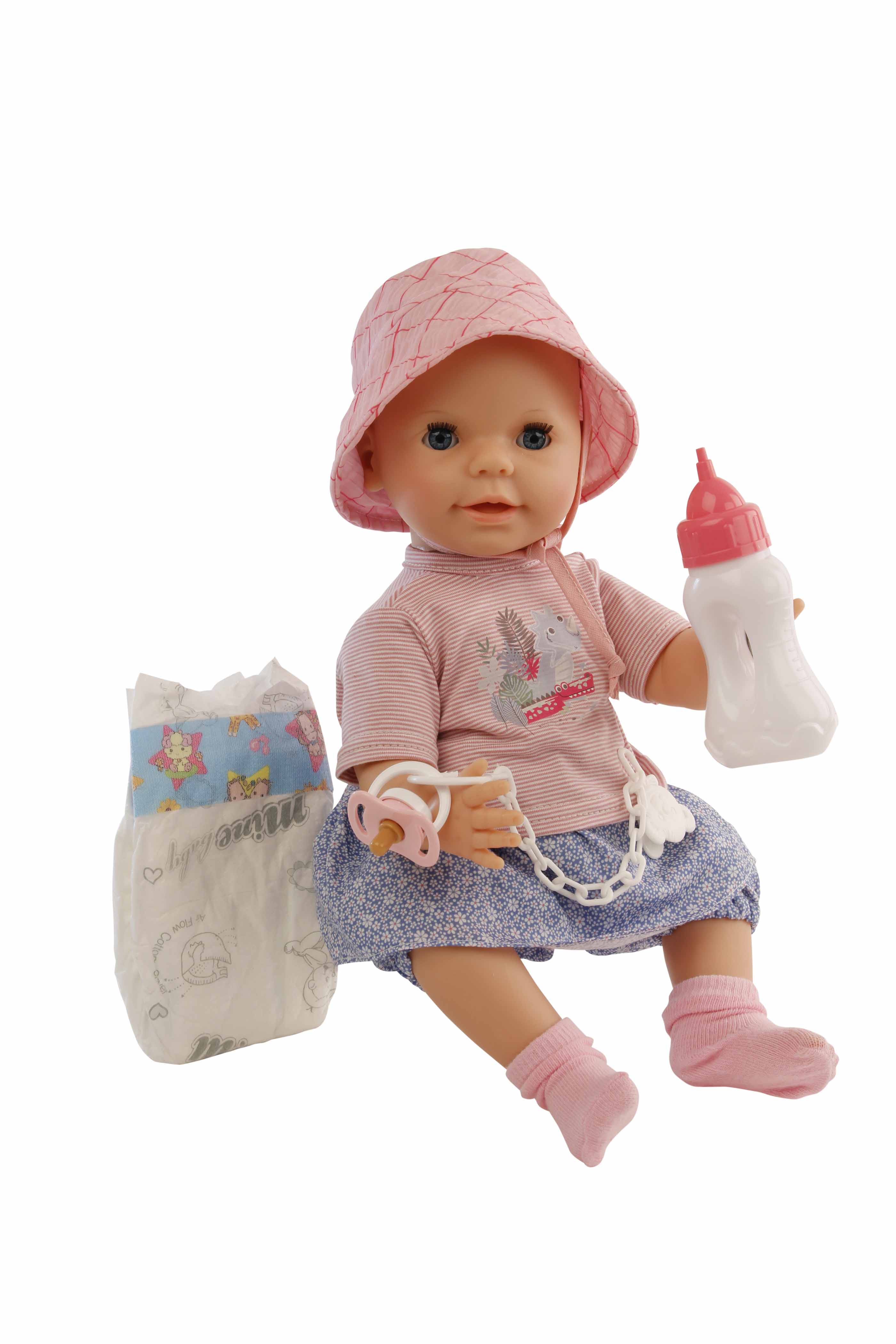 1340235 Trink + Näßbaby "Lina" 40 cm mit Malhaar und blauen Schlafaugen, Kleidung rose/bleu