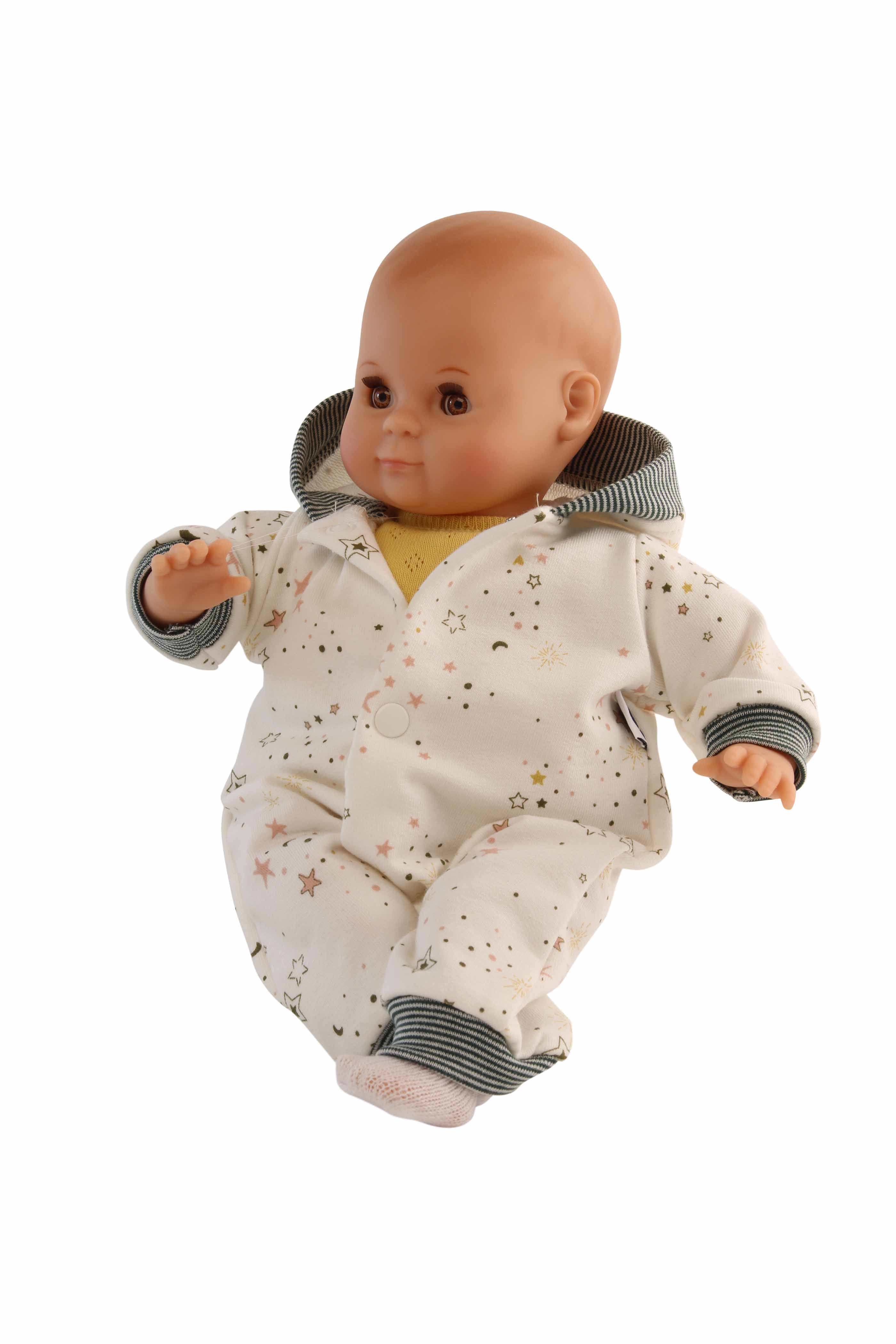 2432226 Puppe Schlummerle 32 cm mit Malhaar und braunen Schlafaugen, Overall weiß/blau