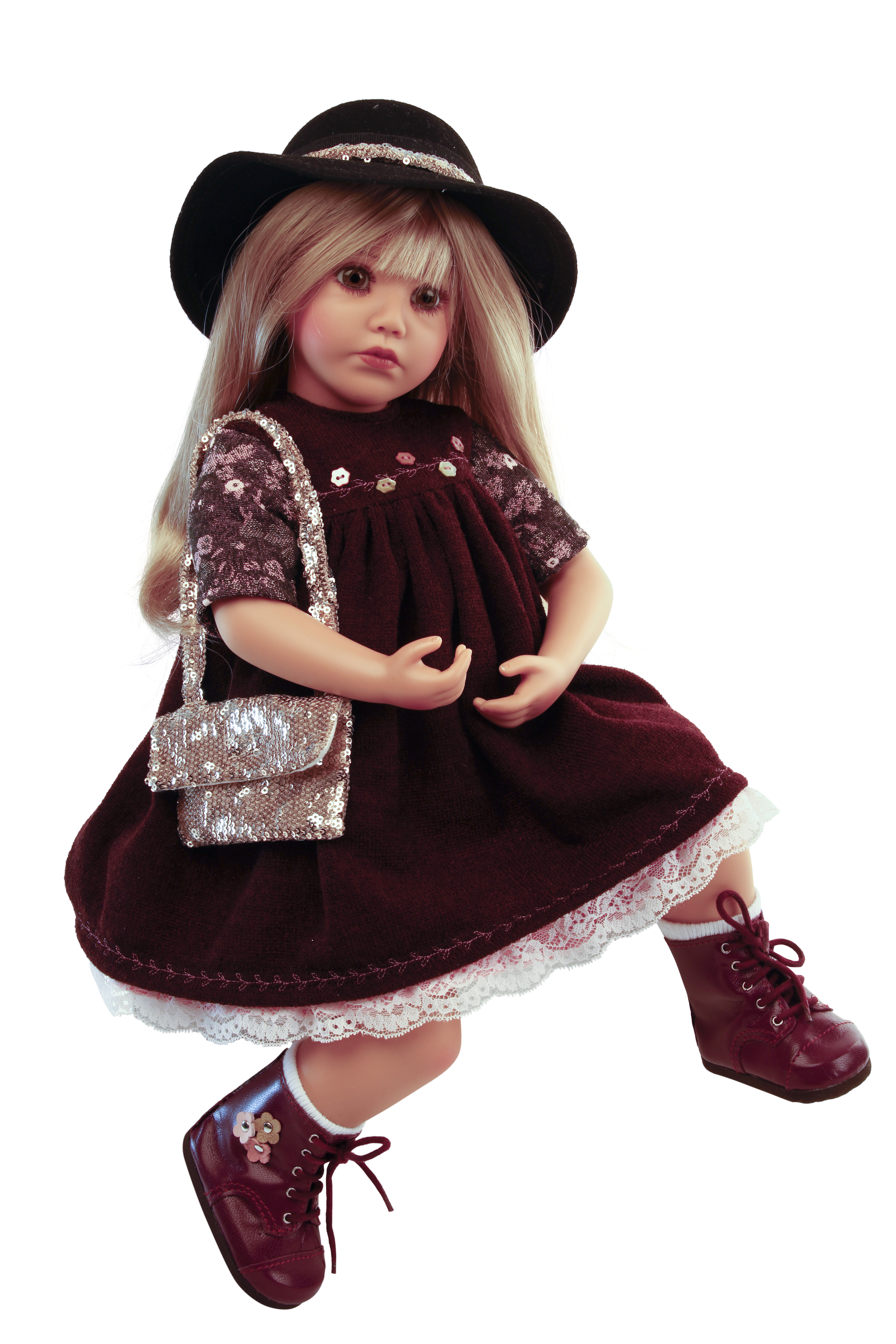 33453196 Puppe Carolina sitzend 53 cm von Sybille Sauer blonde Haare, Kleidung Glitzerlook