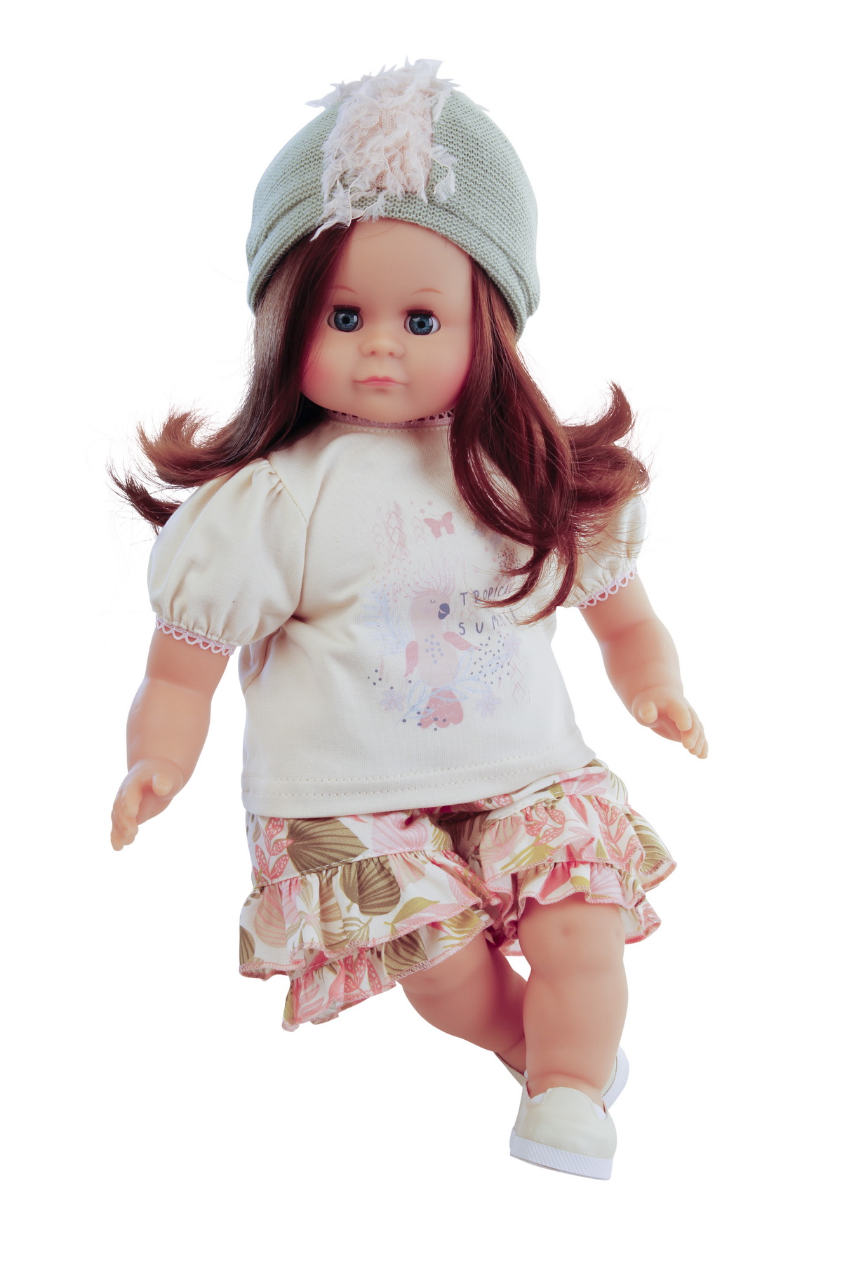 Puppe Schlummerle  37 cm braune Haare, blaue Schlafaugen, Kleidung bunt mint/braun/rose