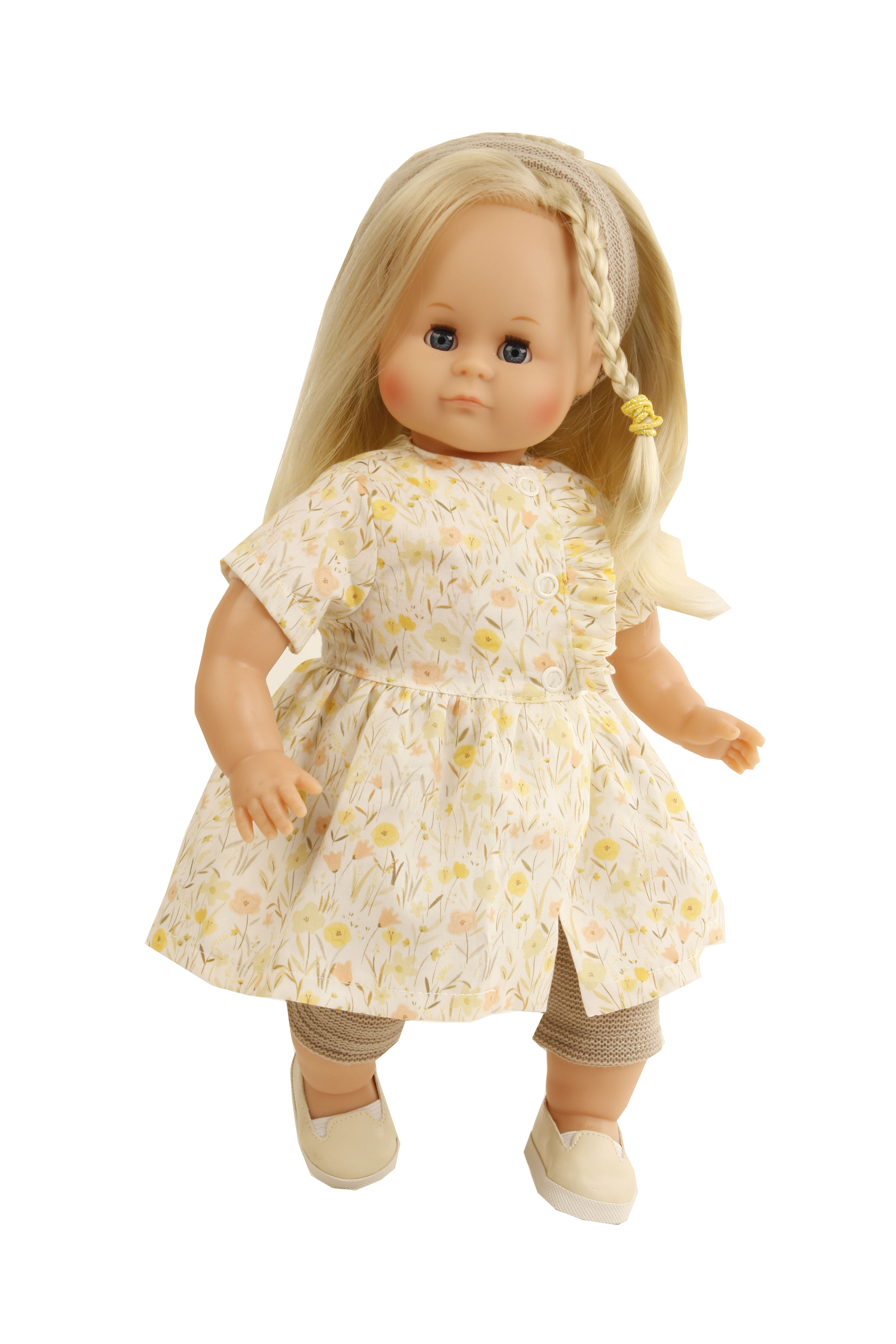 Puppe Schlummerle  37 cm blonde Haare, blaue Schlafaugen,  Kleidung gelb/braun