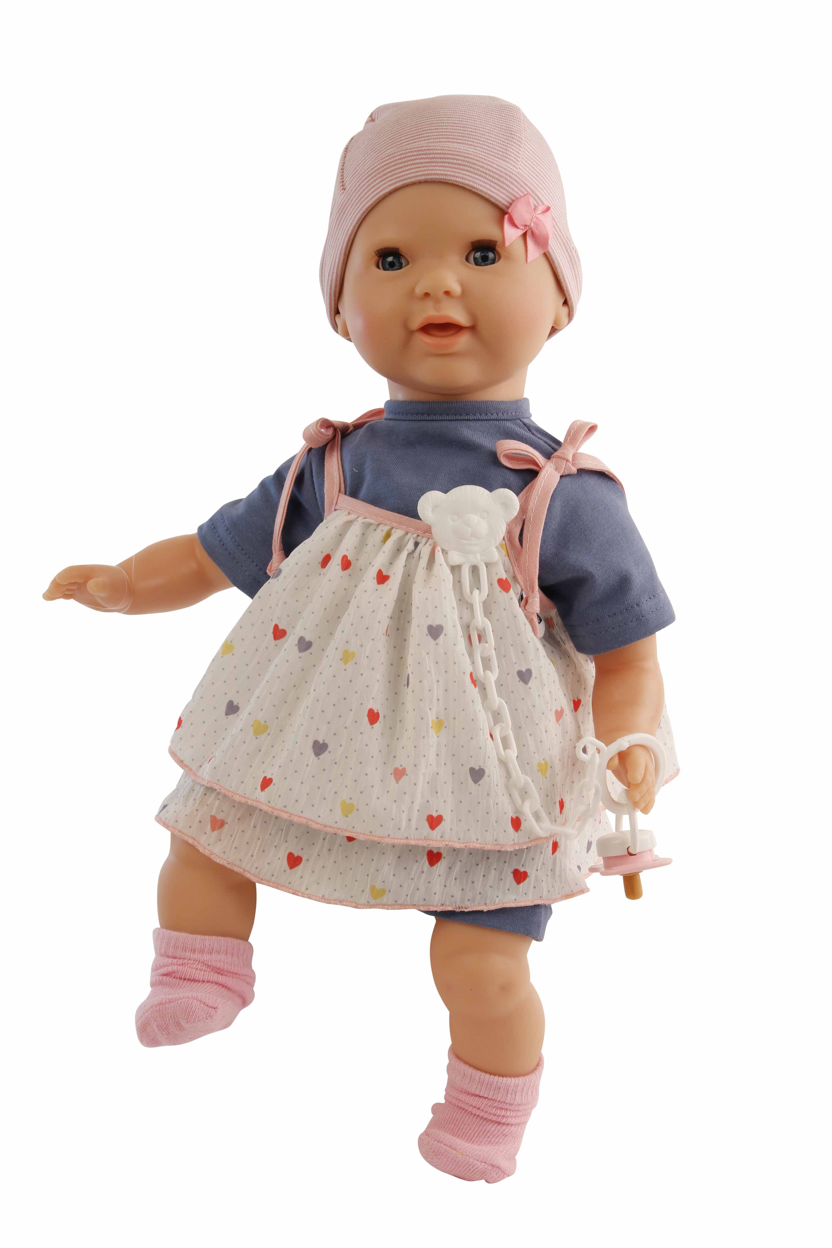 2837230 Schnullerbaby Lenchen 37 cm, Malhaar, blaue Schlafaugen, Kleidung blau/weiss/rose