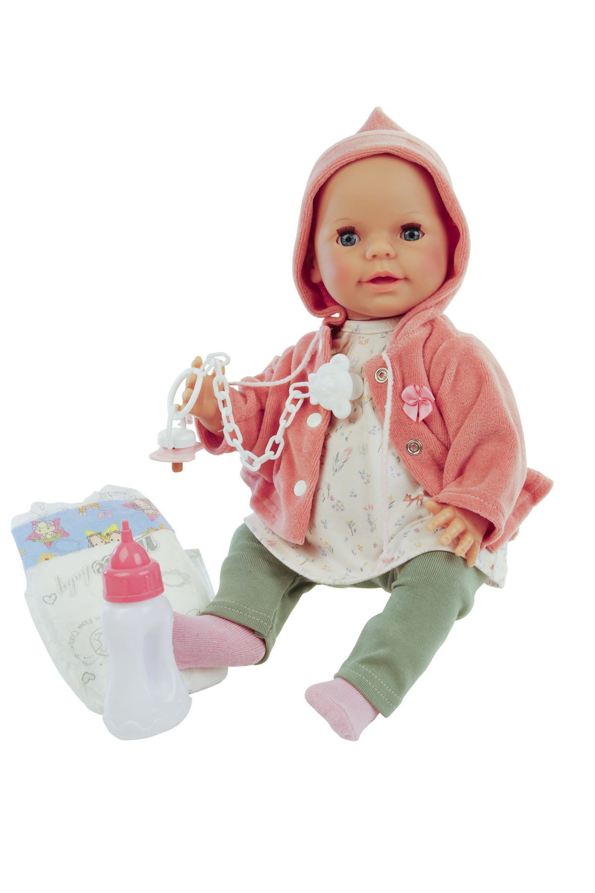 1340147 Trink + Näßbaby "Lina" 40 cm mit Malhaar und blauen Schlafaugen, Kleidung weiss/rose/grün