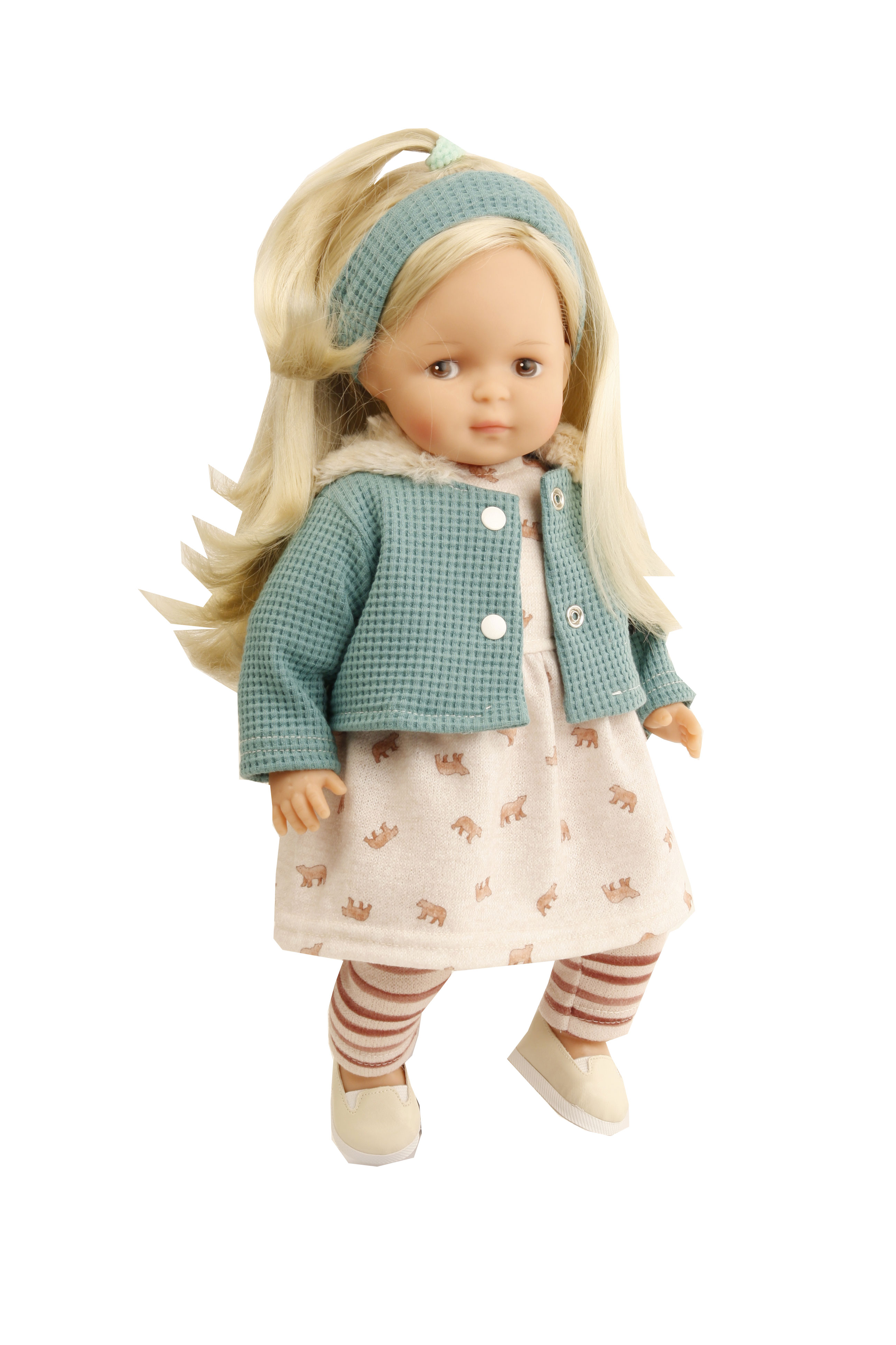 Puppe Strampelchen  37 blonde Haare, braune Malaugen, Winterkleidung rose/petrol