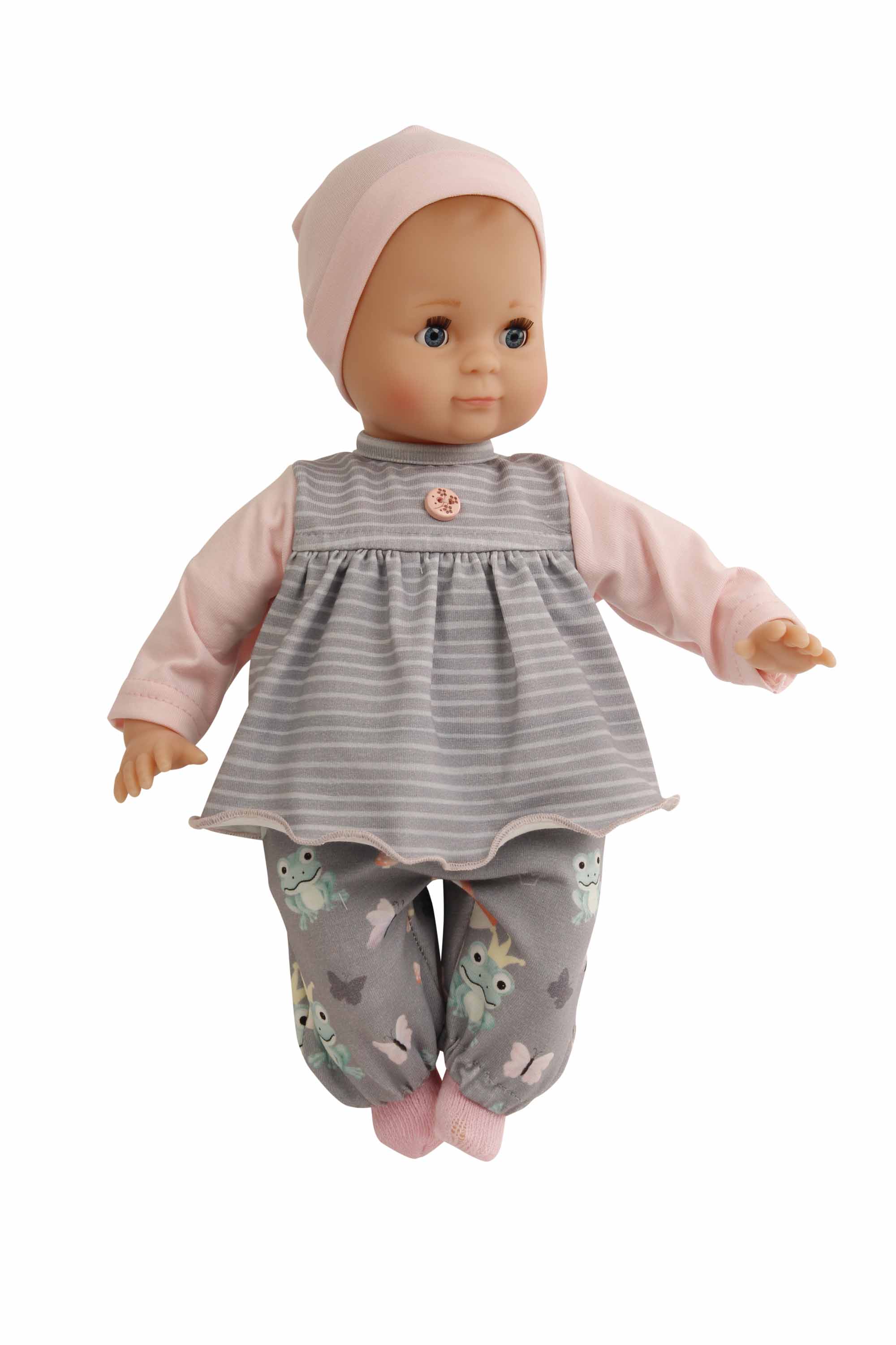 Puppe Schlummerle 32 cm mit Malhaar und braunen Schlafaugen, Kleidung Froschkönig