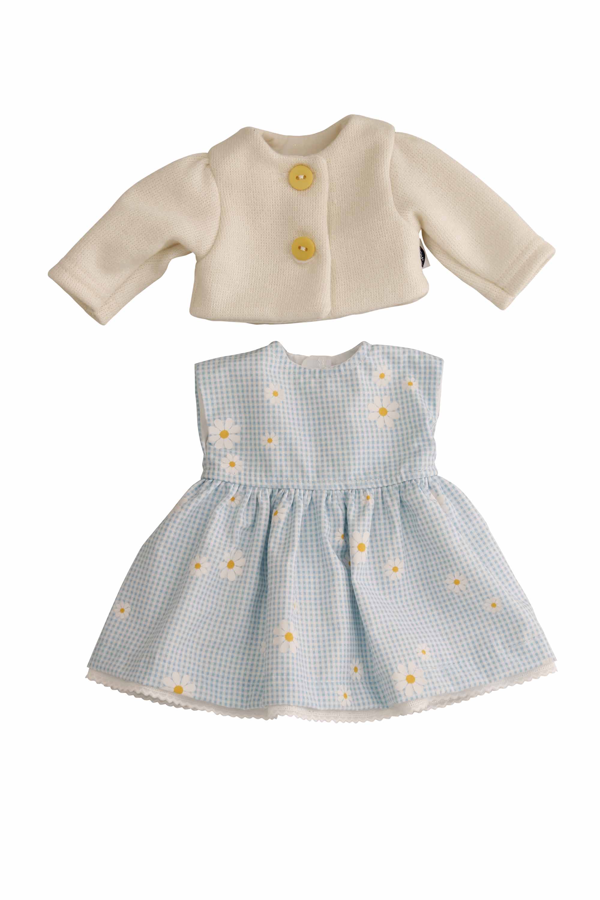 Kleid für Stehpuppe 25 bis 70 cm, Kleid blaukariert mit Strickjacke