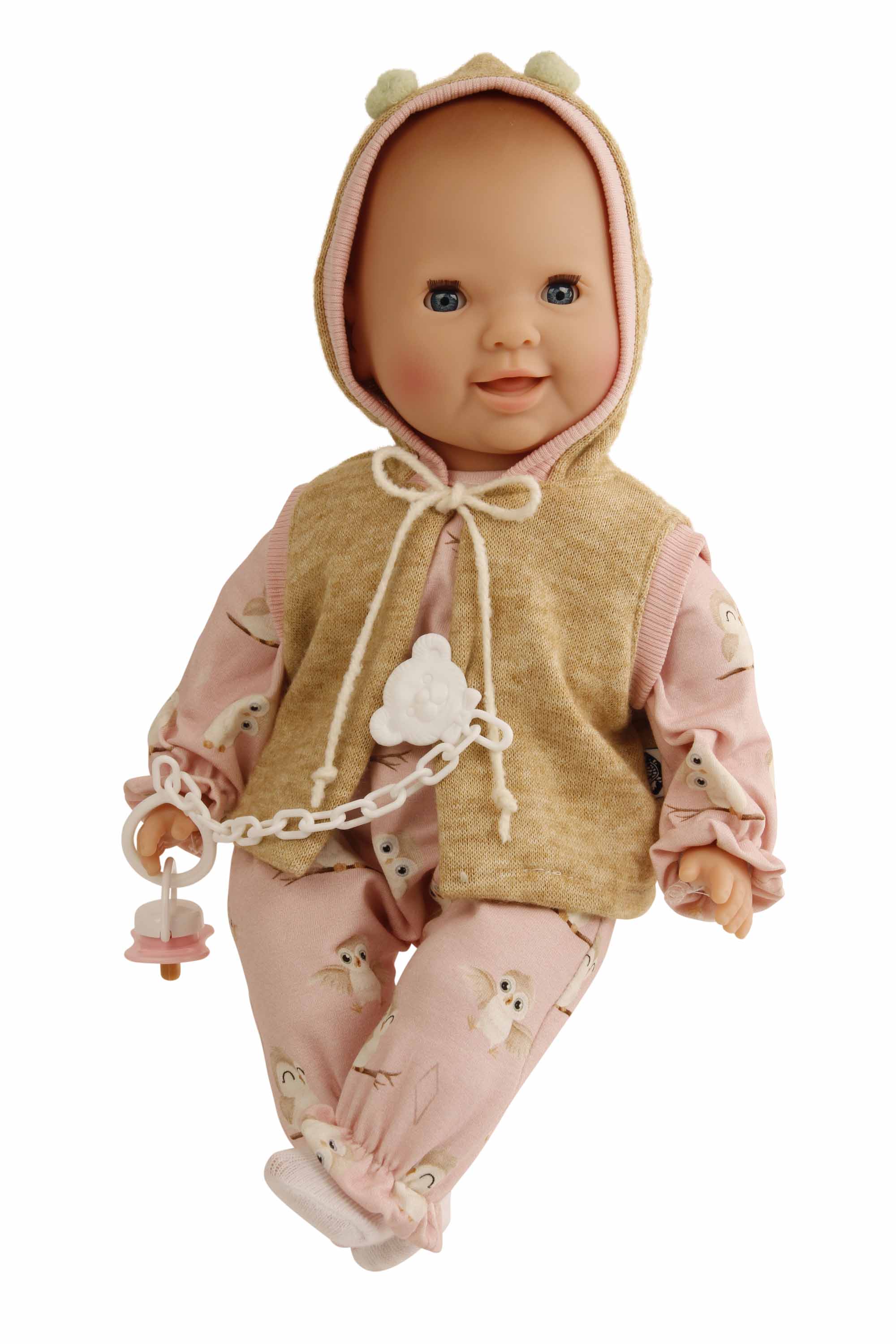 Schnullerbaby Lenchen 37 cm, Malhaar, blaue Schlafaugen, Kleidung Spätzchen