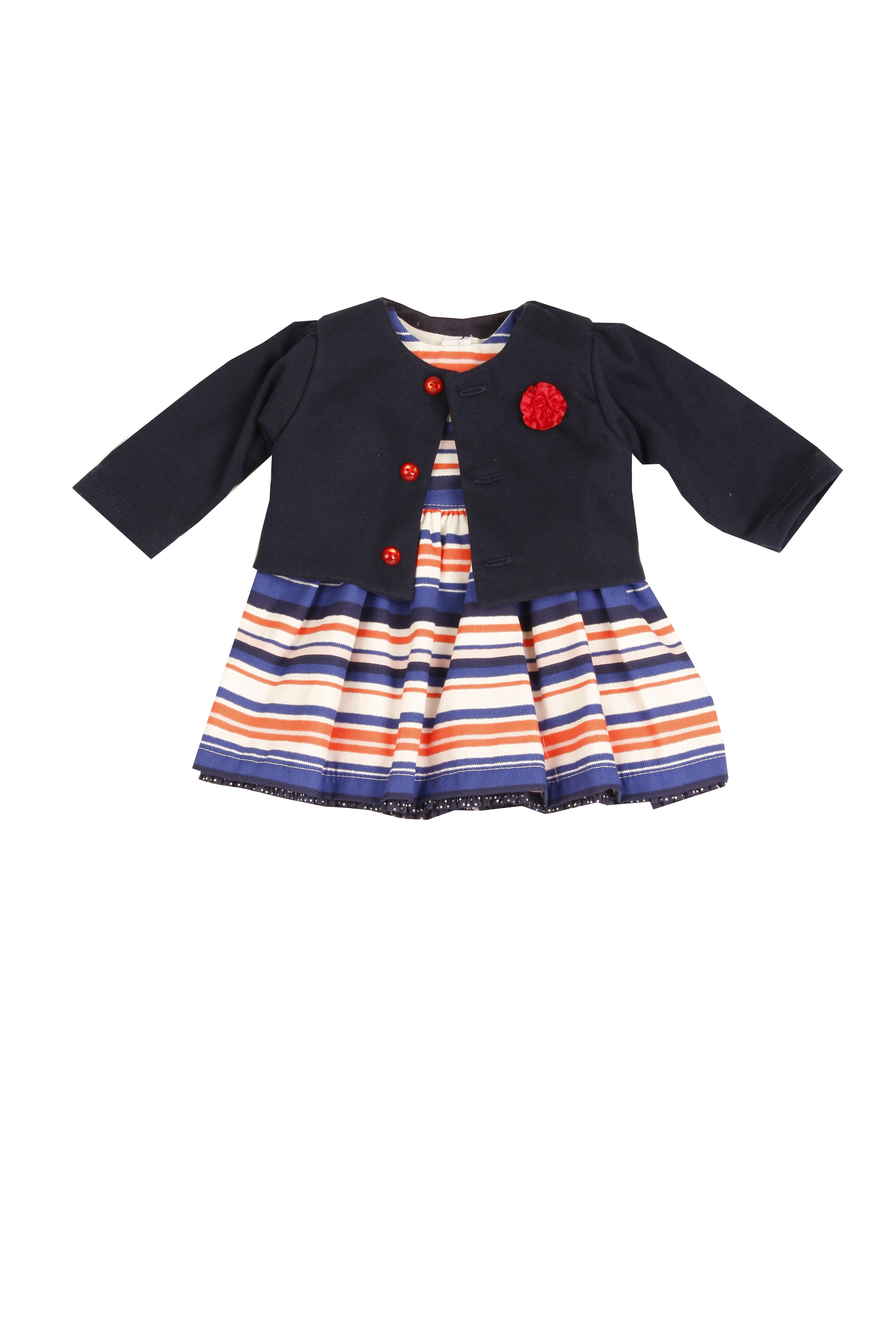 Kleid zu Stehpuppe 34 + 41 cm blau/weiss/rot