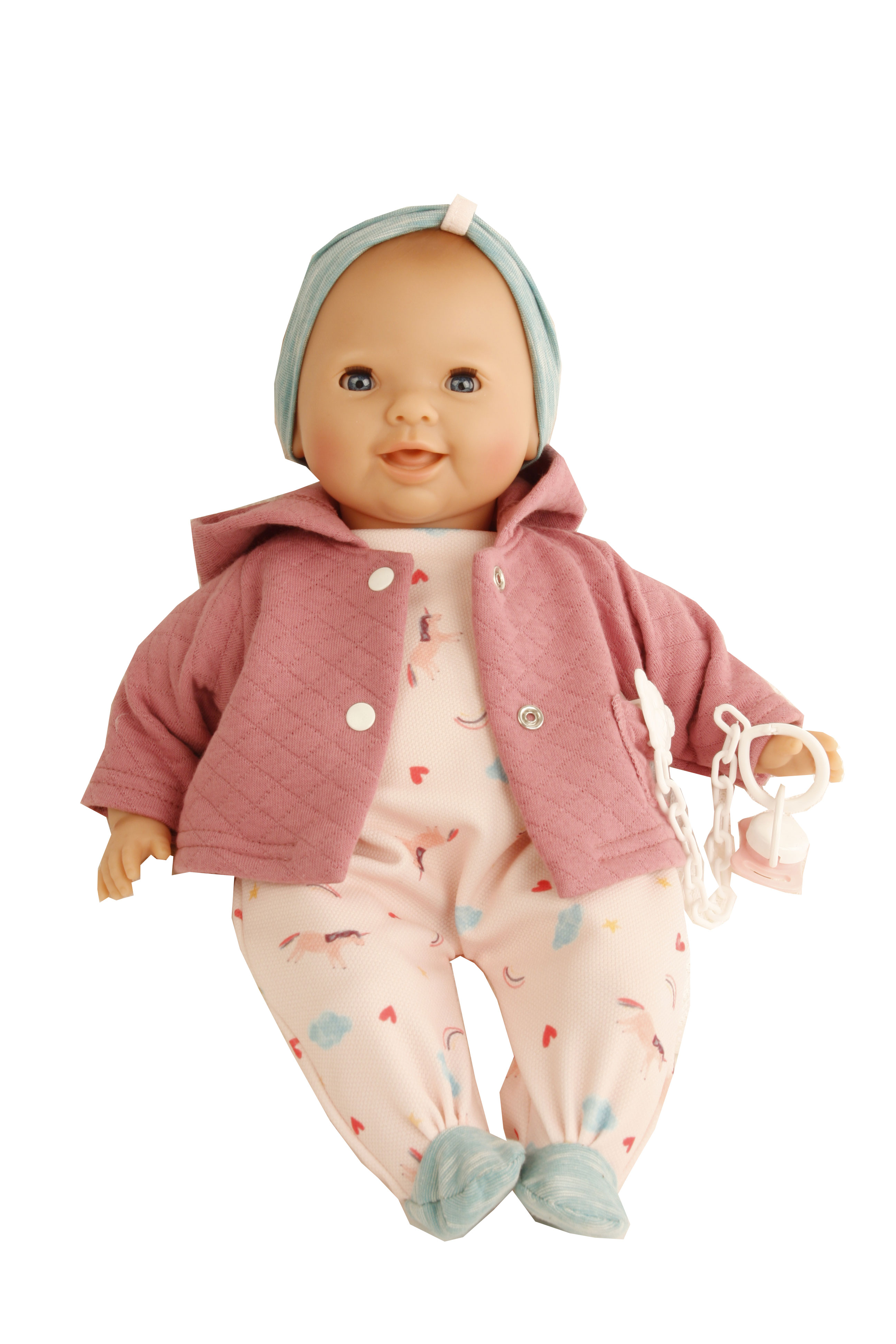 Schnullerbaby Lenchen 37 cm, Malhaar, blaue Schlafaugen, Kleidung weiss/altrose