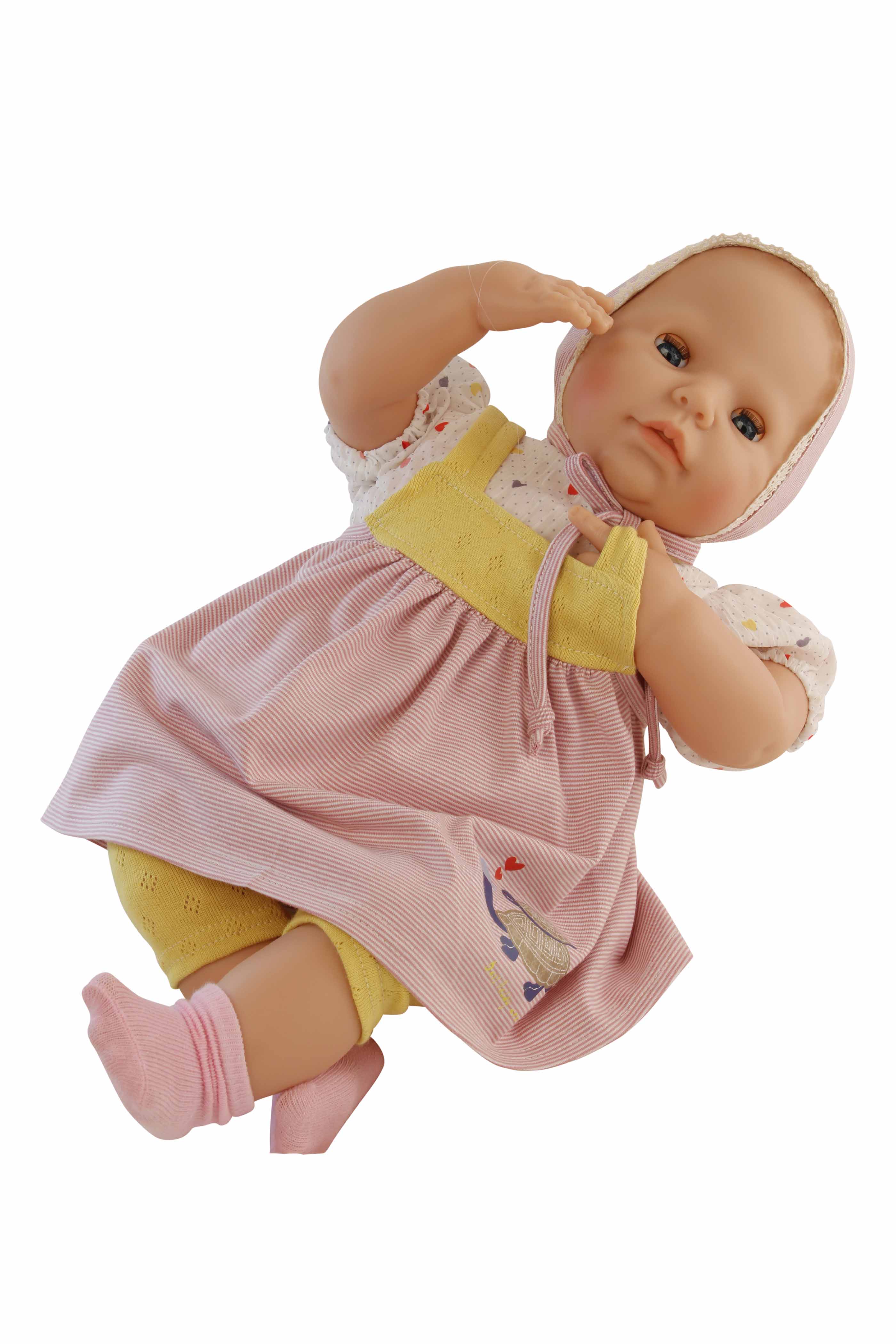 2252233 Baby Julchen 52 cm Malhaar, blaue Schlafaugen, Kleidung rose/gelb/weiss