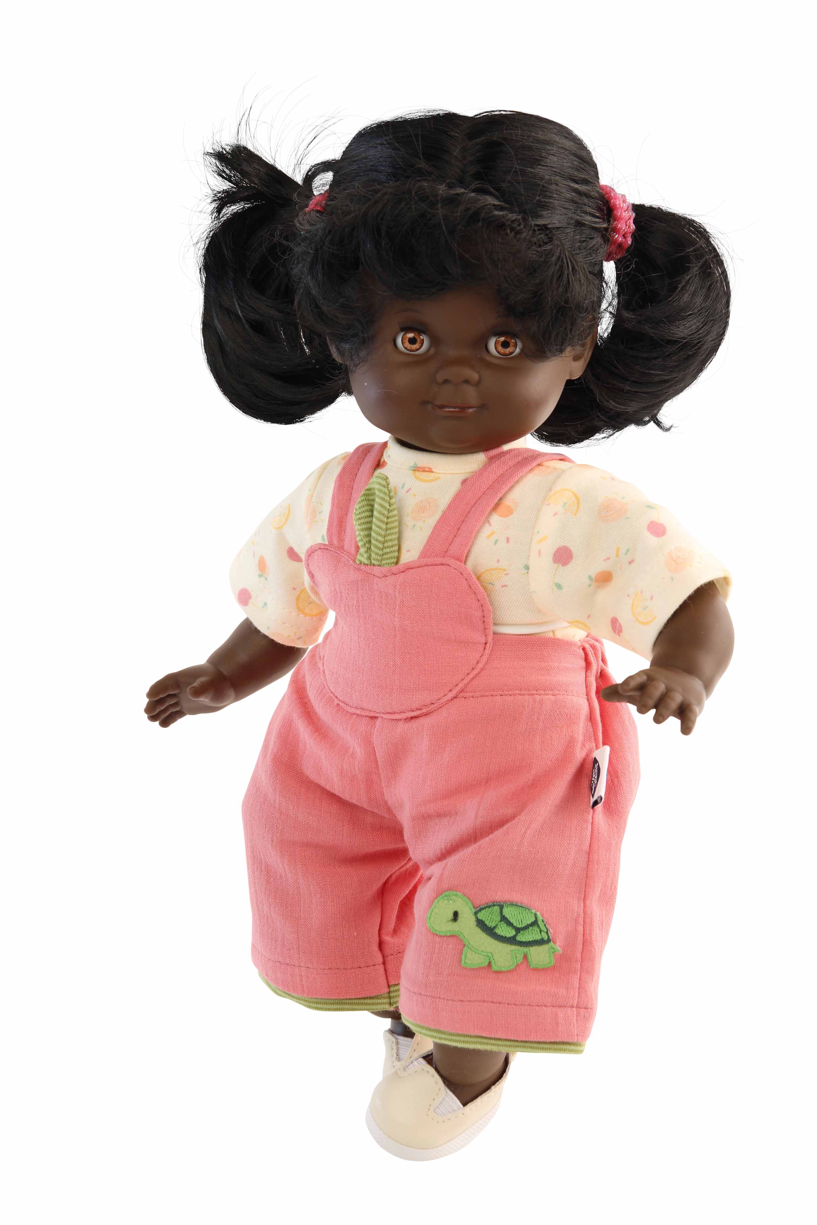 5132240 Puppe schwarz Schlummerle Gr. 32 schwarze Haare, braune Schlafaugen, Kleidung rose/gelb/grün