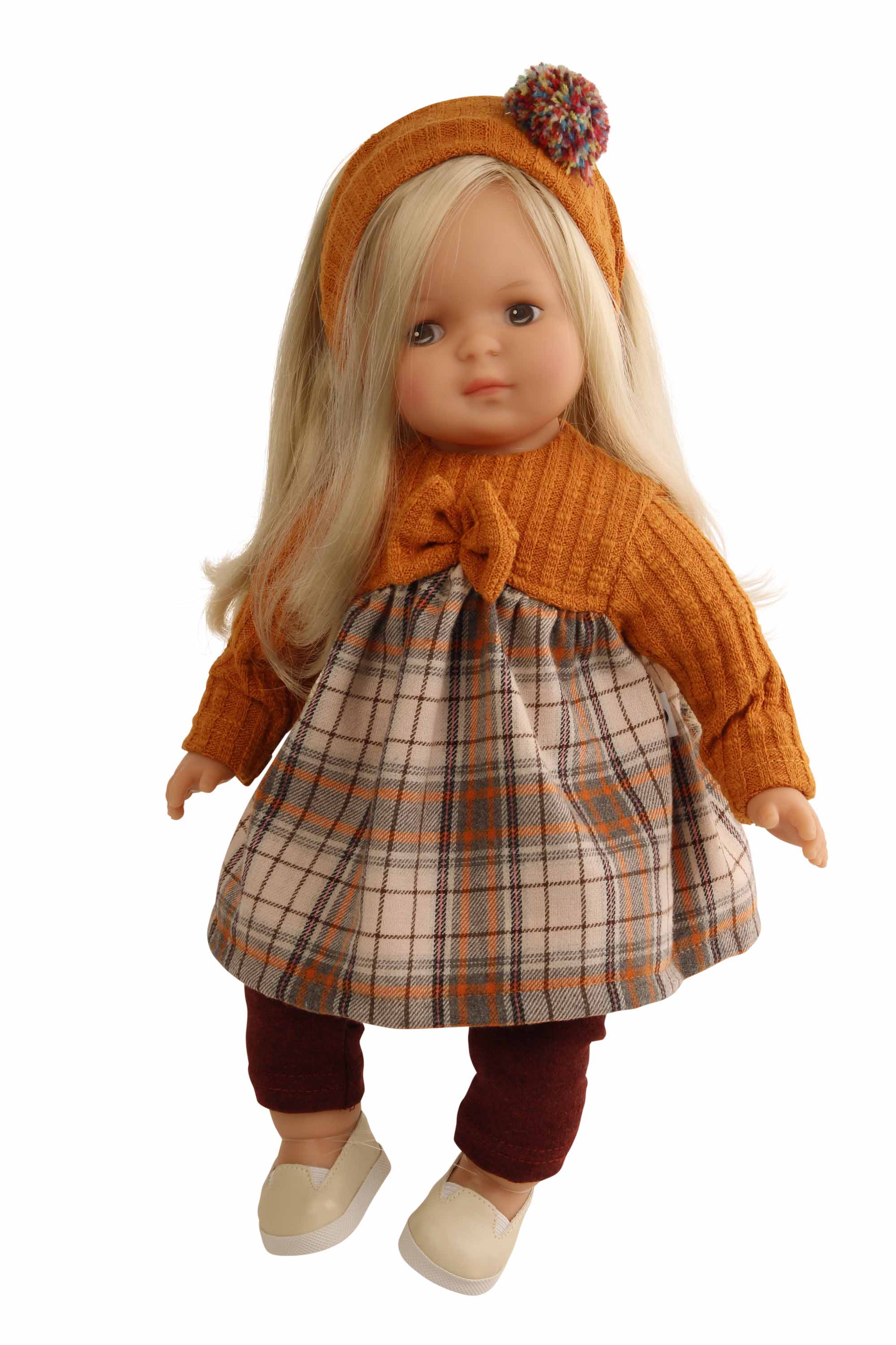 Puppe Strampelchen  37 braune Haare, braune Malaugen, Winterkleidung weinrot/braun/orange