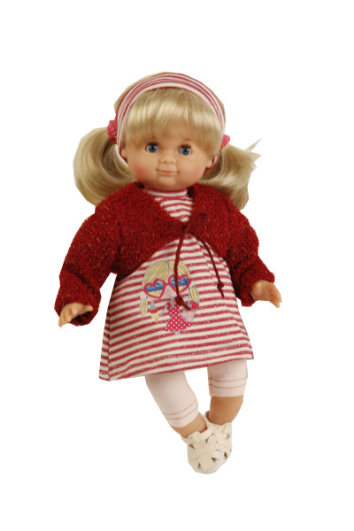 Puppe Schlummerle 32 cm blonde Haare, blaue Schlafaugen, Kleidung rot/rose/weiss